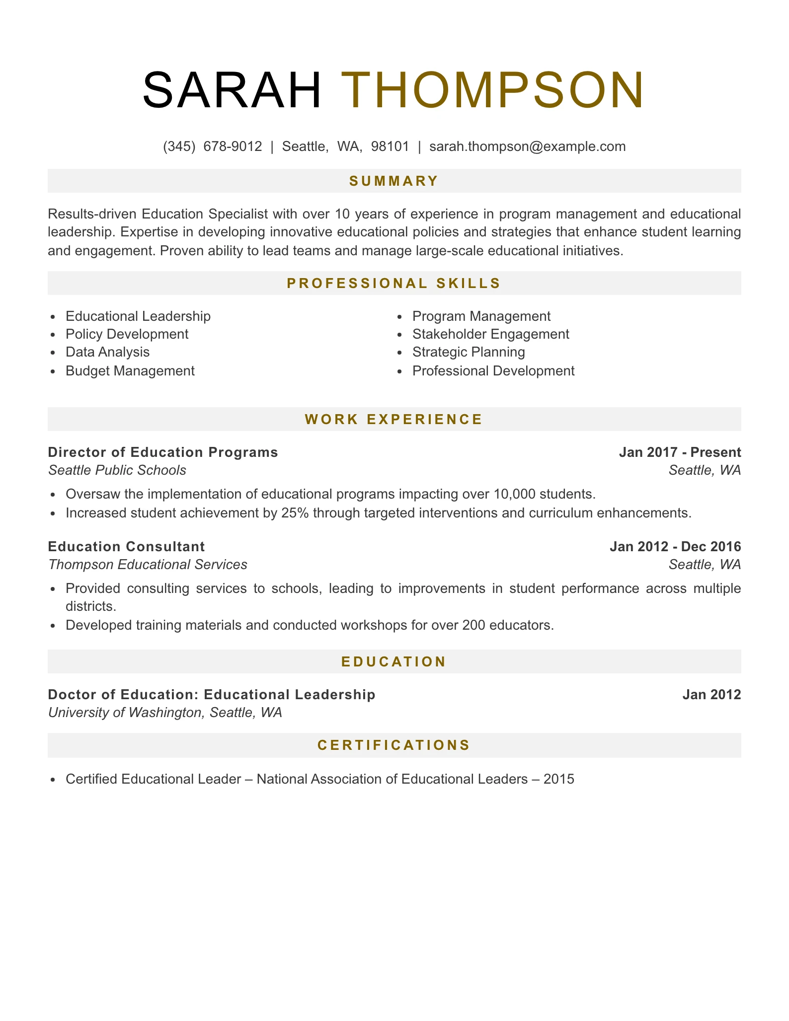Senior Level Education Specialist Resume Example