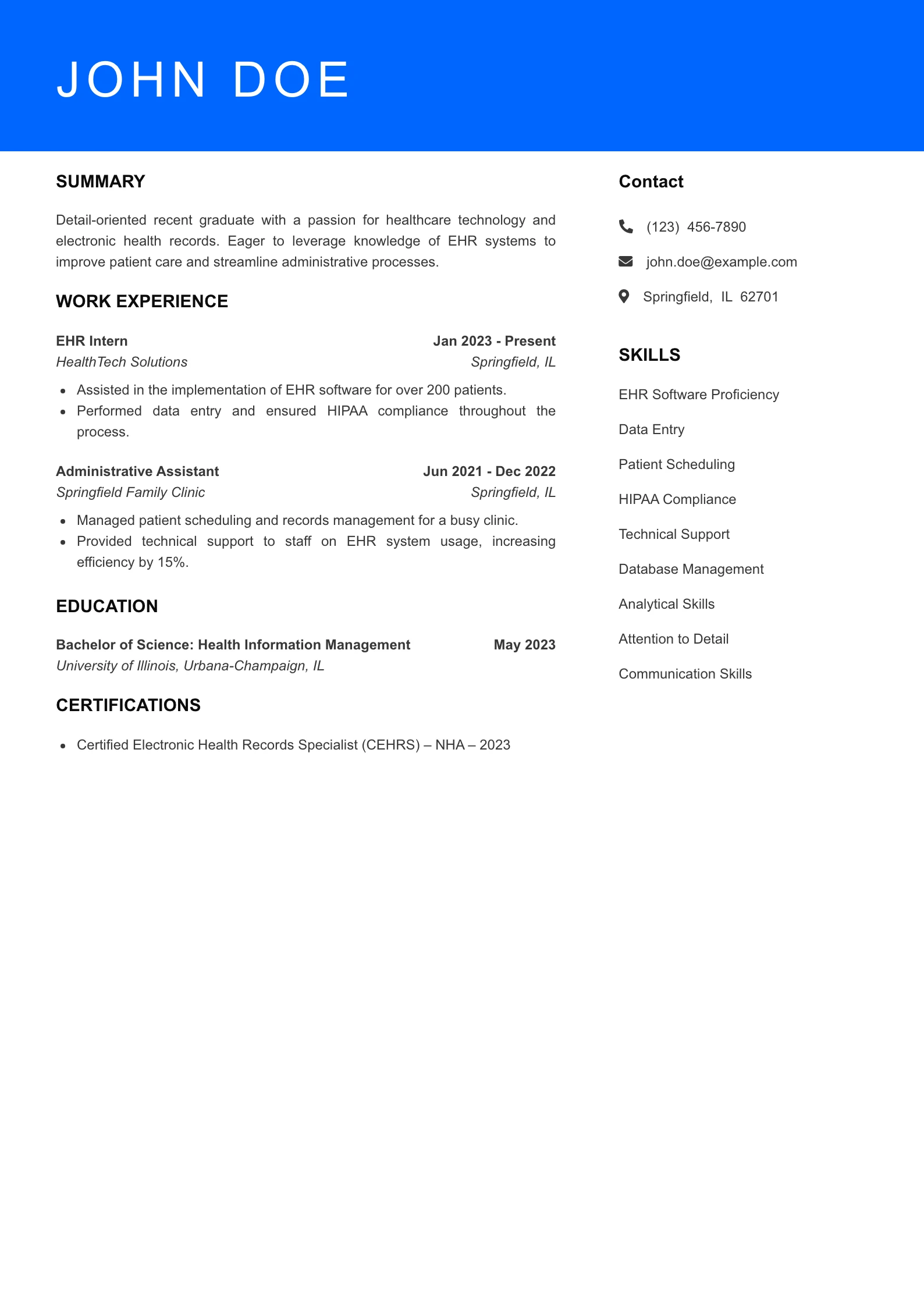 Selected EHR Specialist Resume