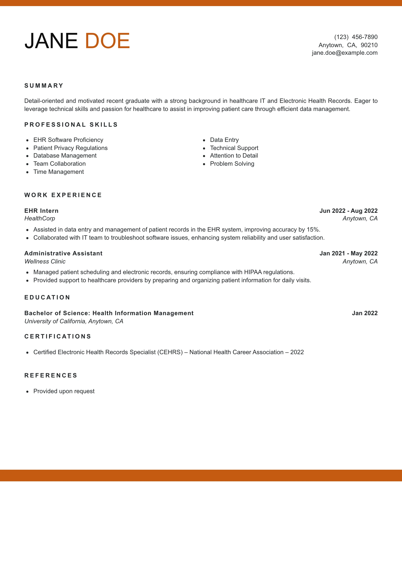 Entry Level EHR Specialist Resume Example