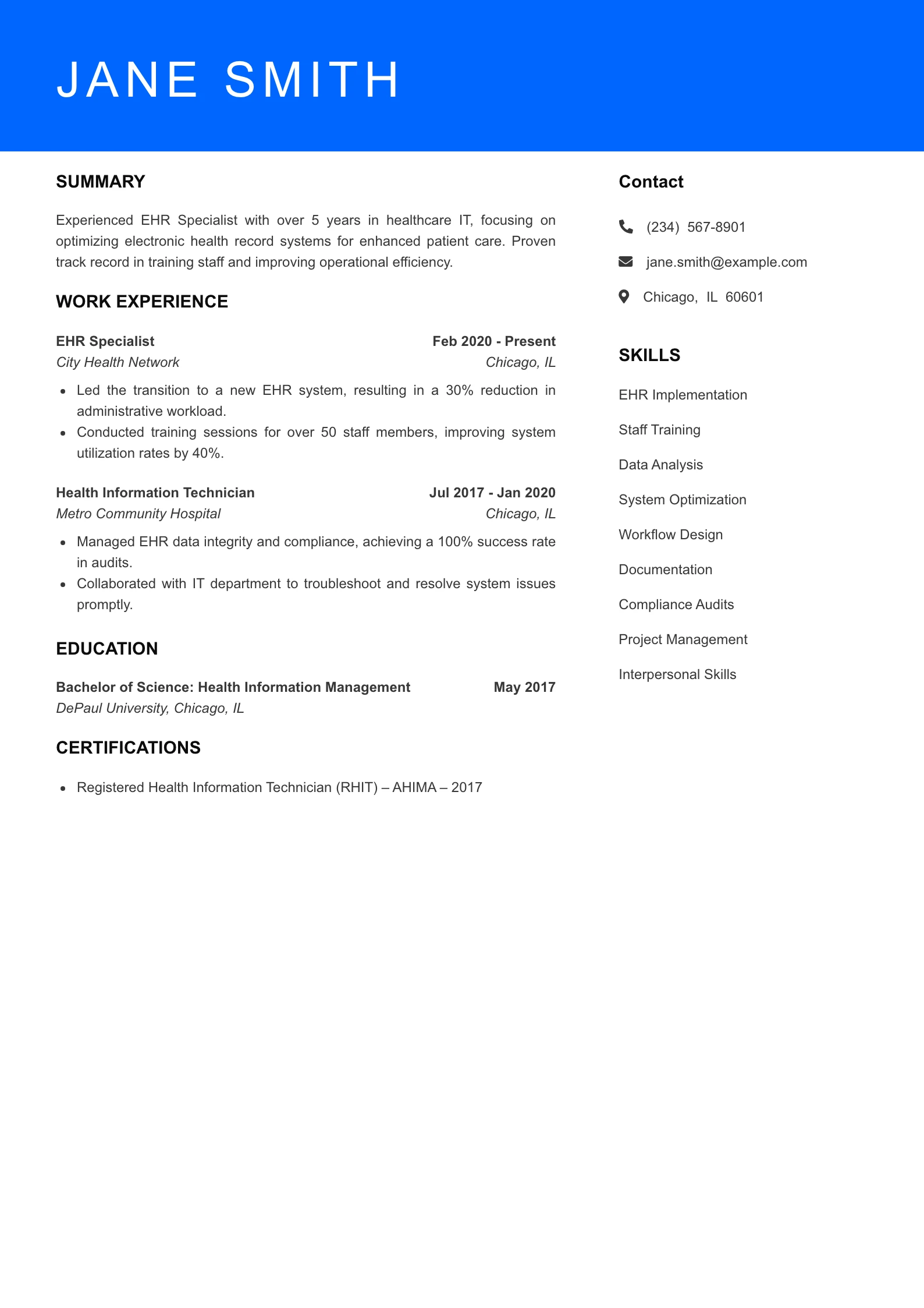 Mid Level EHR Specialist Resume Sample
