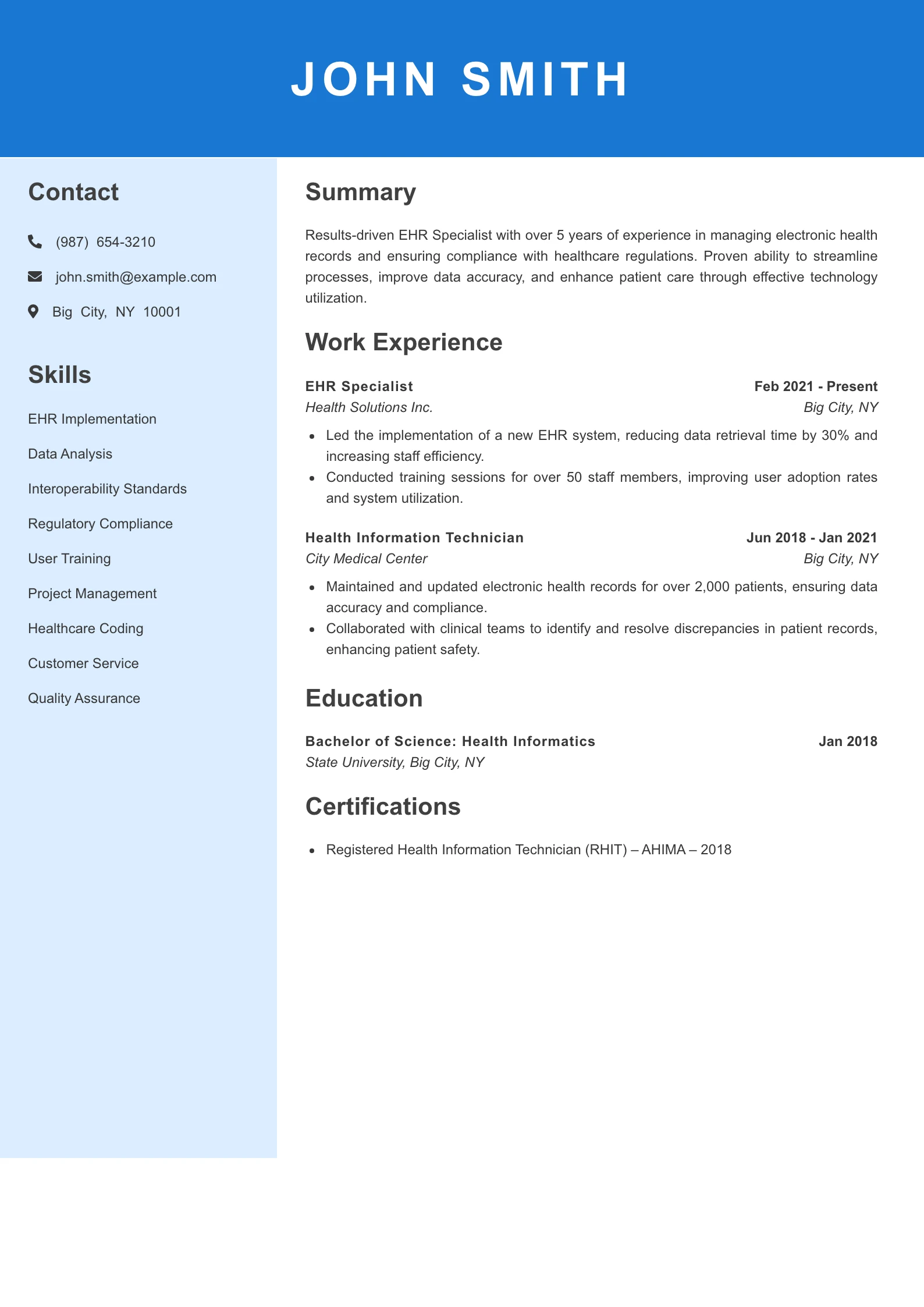 Mid Level EHR Specialist Resume Example