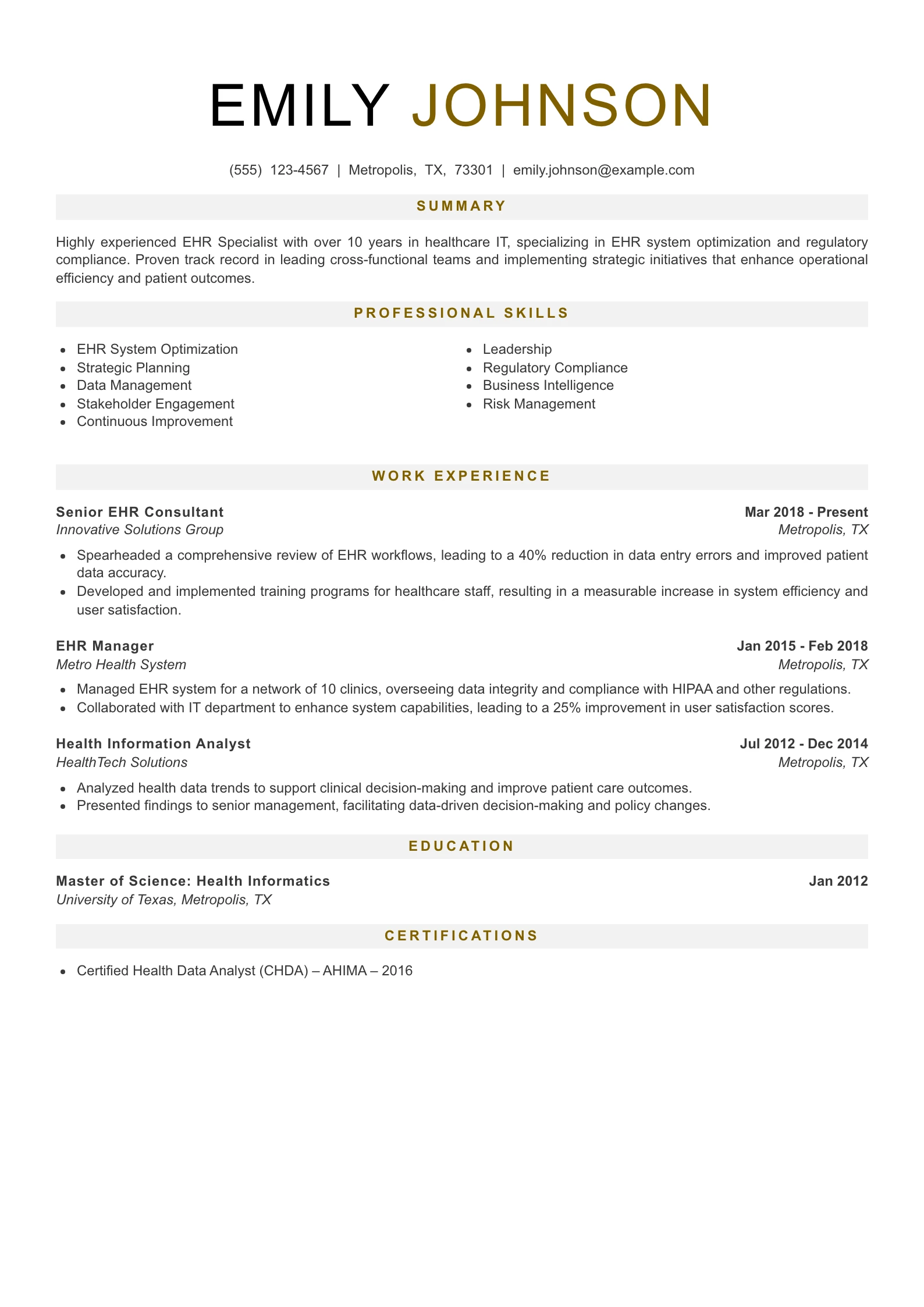 Senior Level EHR Specialist Resume Example