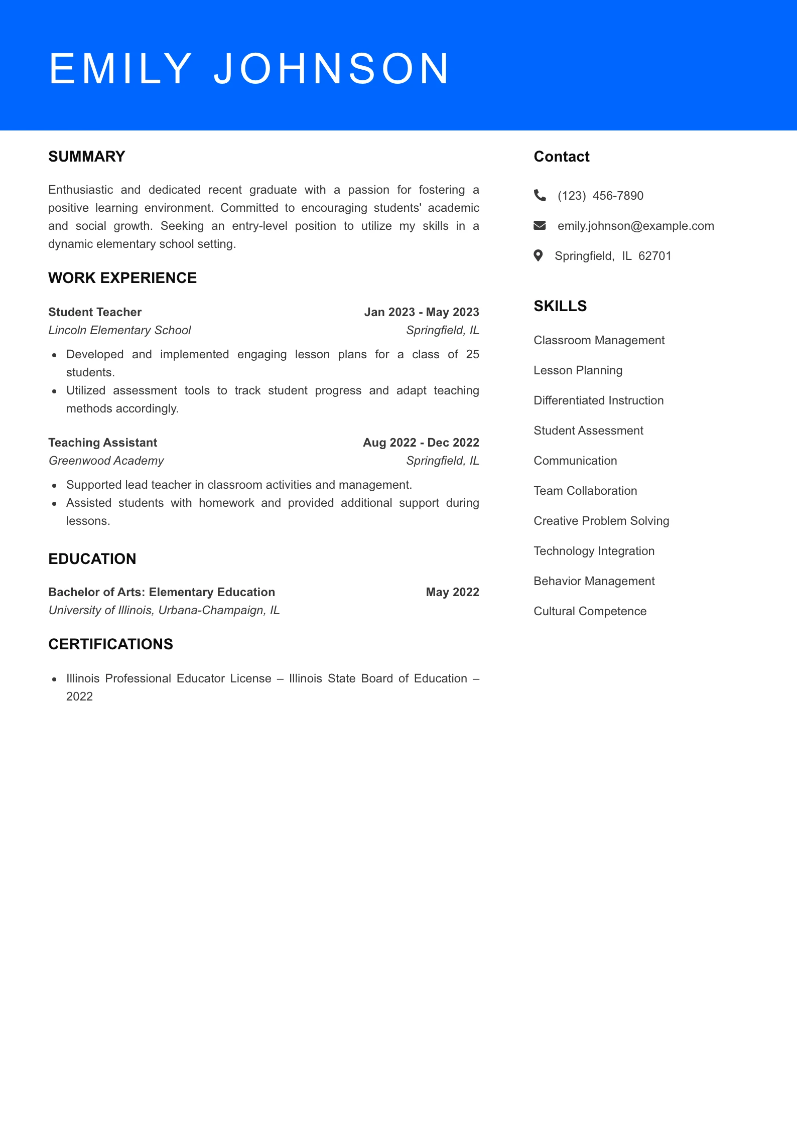 Selected Elementary School Teacher Resume