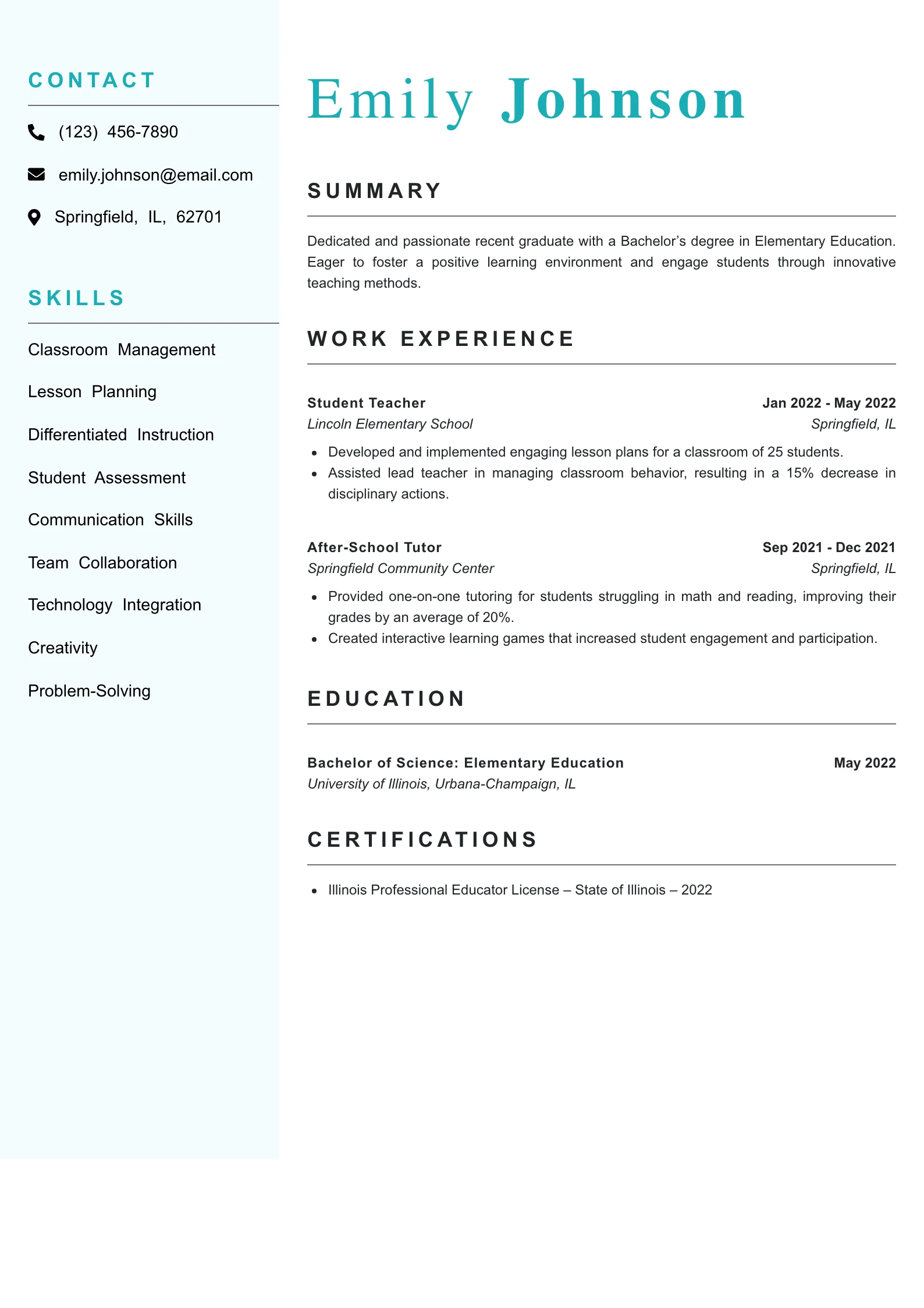 Entry Level Elementary School Teacher Resume Example