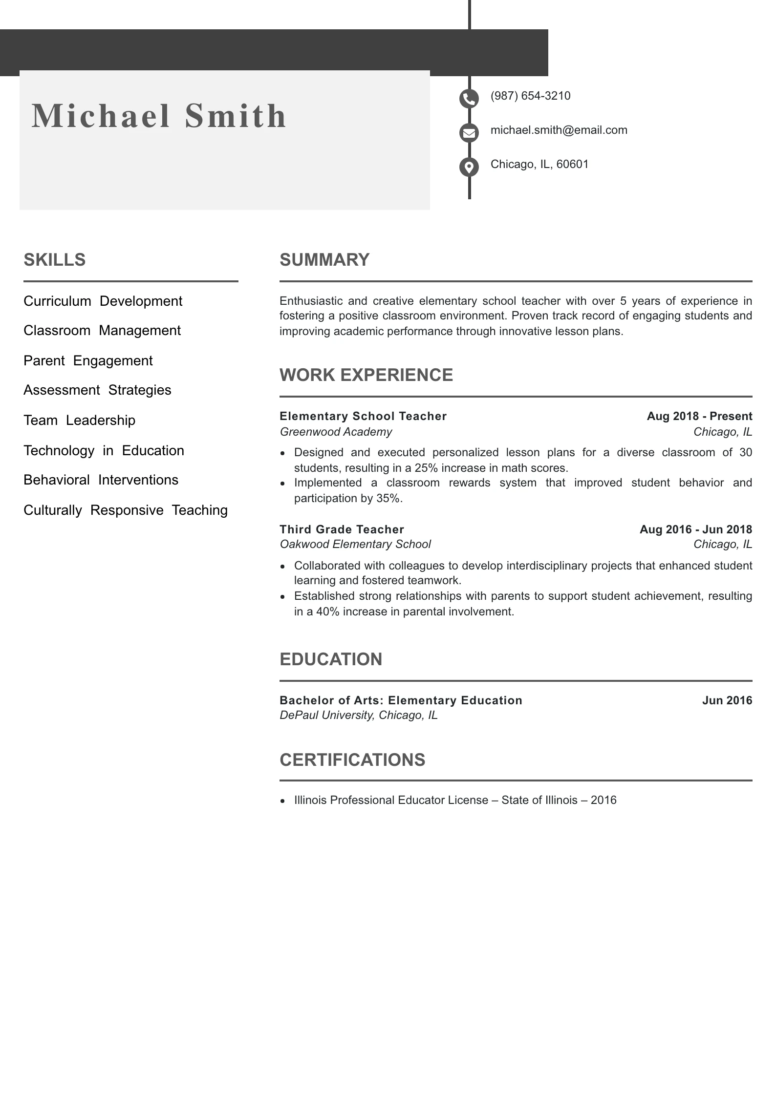 Mid Level Elementary School Teacher Resume Example