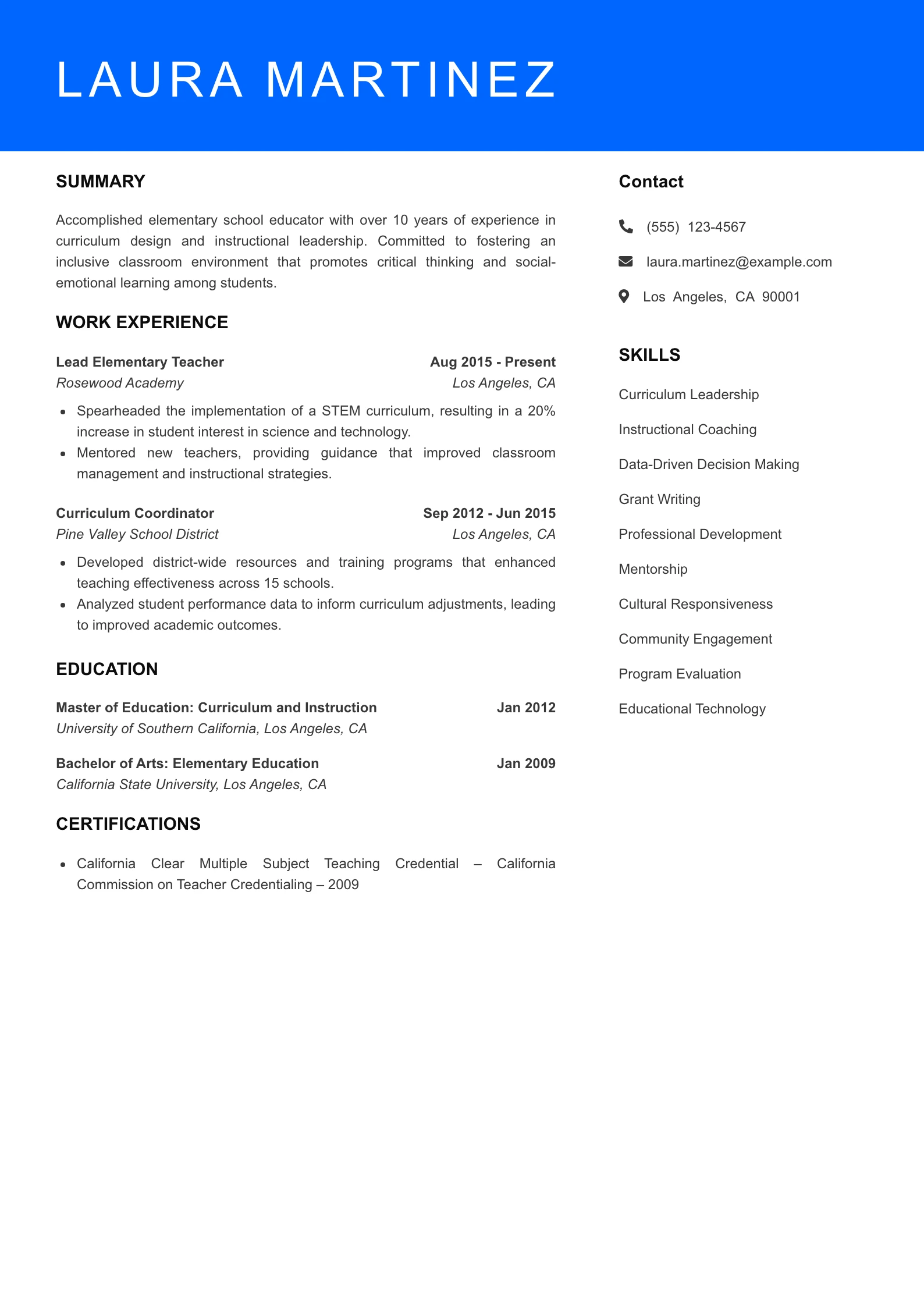 Senior Level Elementary School Teacher Resume Sample