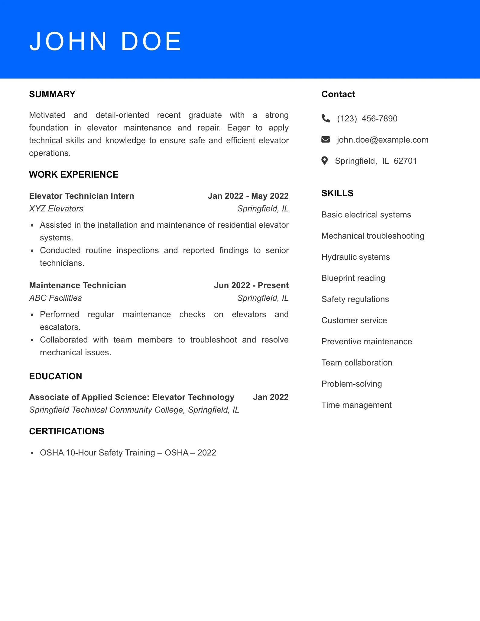 Selected Elevator Technician Resume