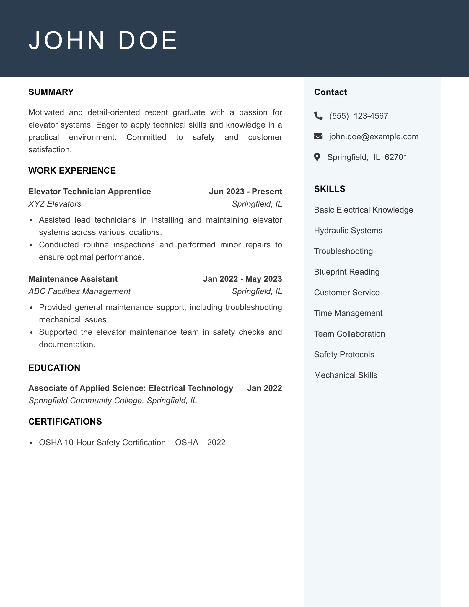 Entry Level Elevator Technician Resume Example