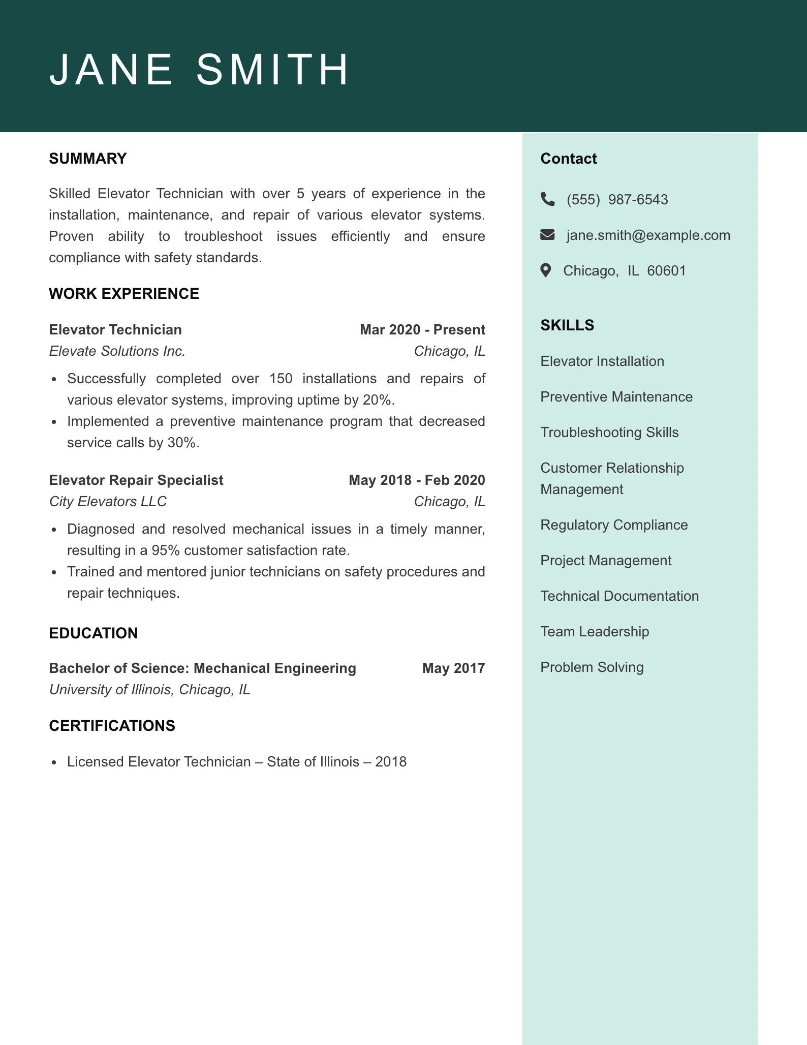 Mid Level Elevator Technician Resume Example