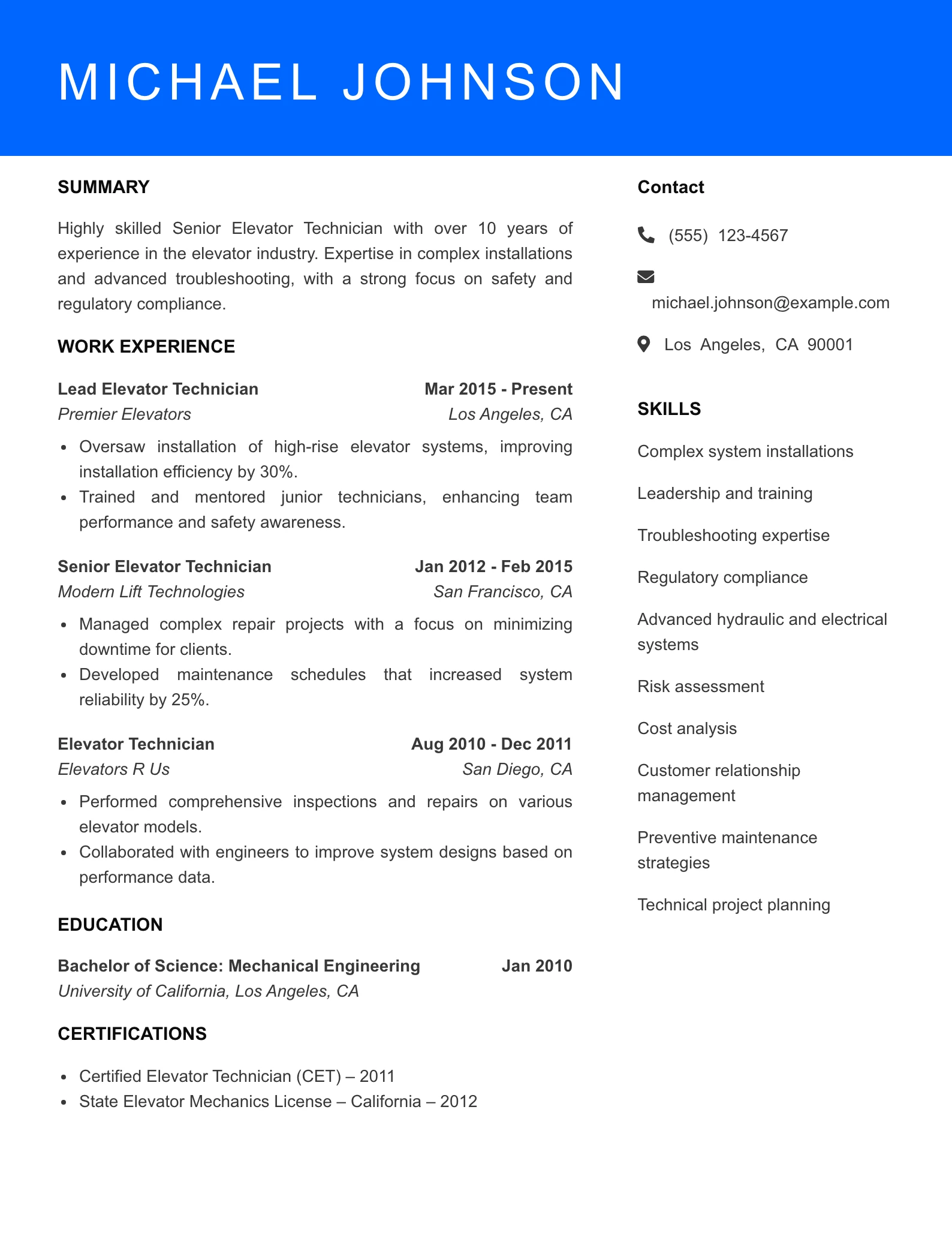 Senior Level Elevator Technician Resume Sample