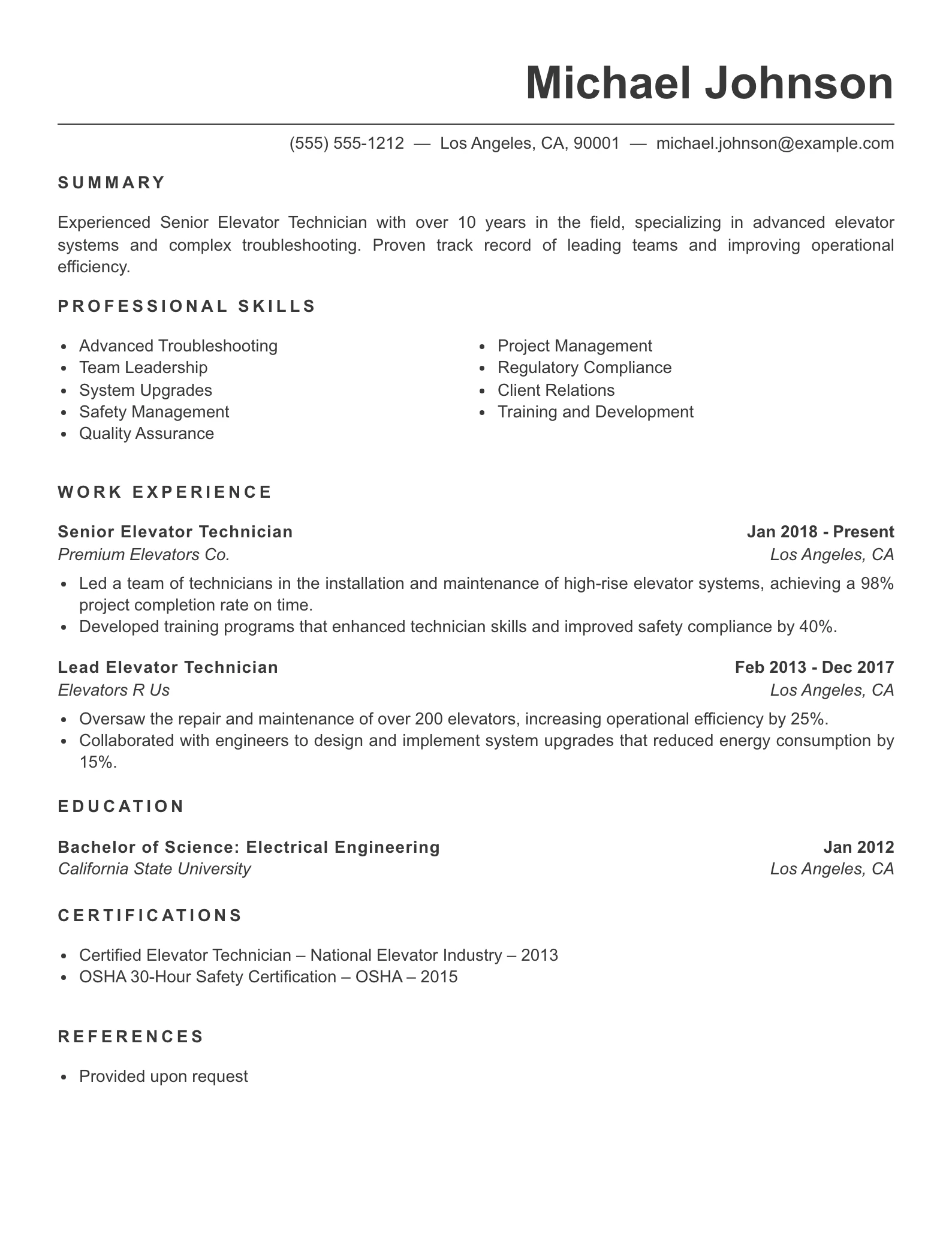 Senior Level Elevator Technician Resume Example