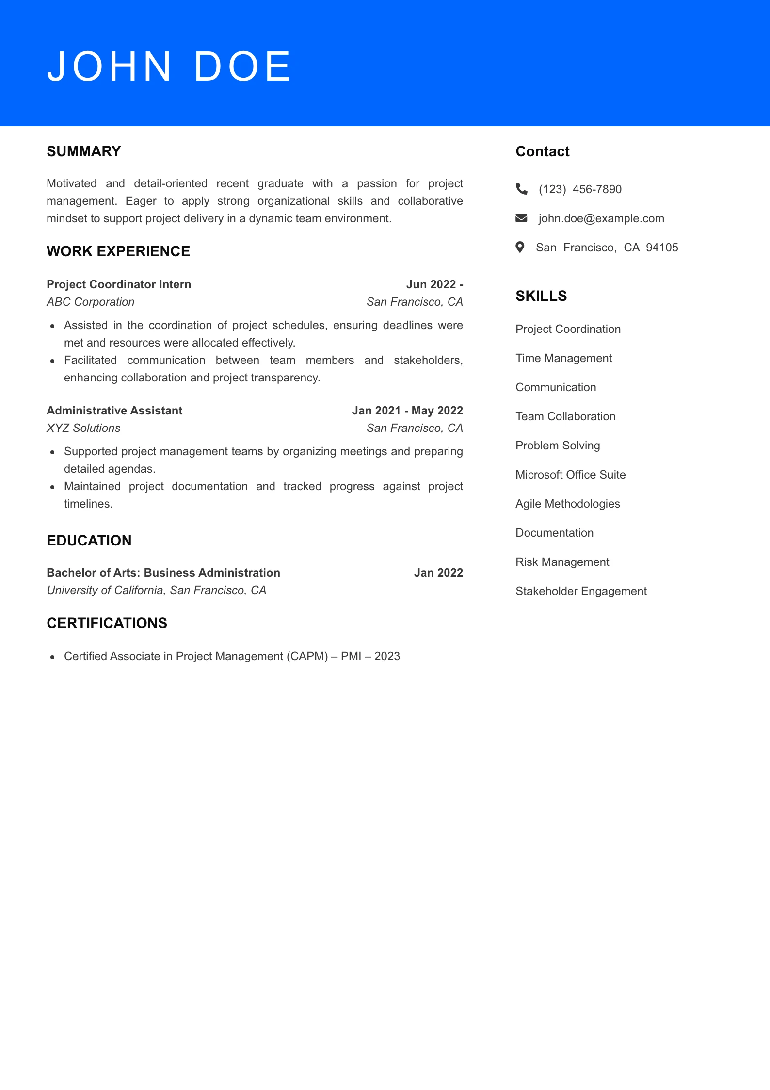 Selected Project Manager Resume