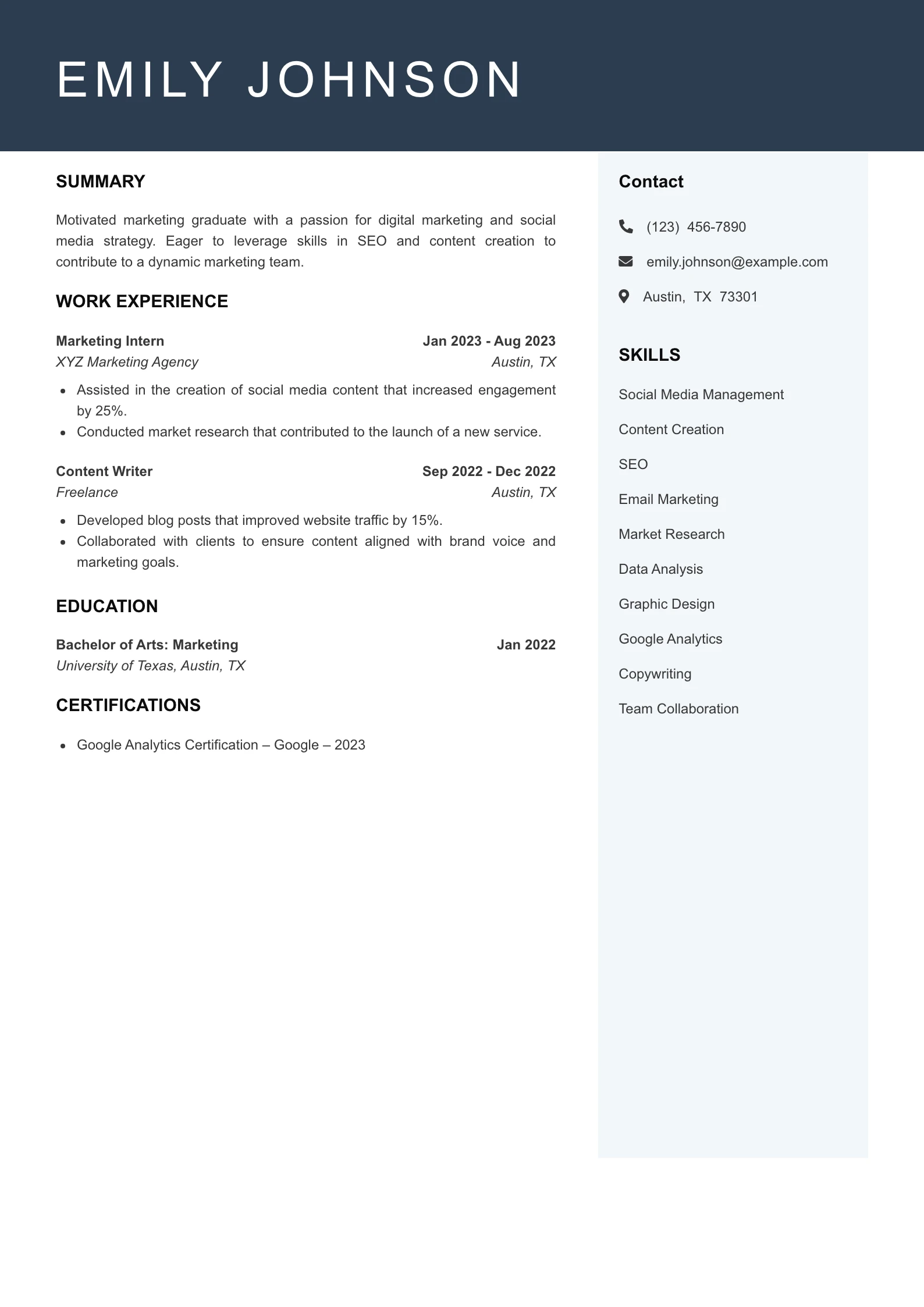 Entry Level Marketing Resume Example