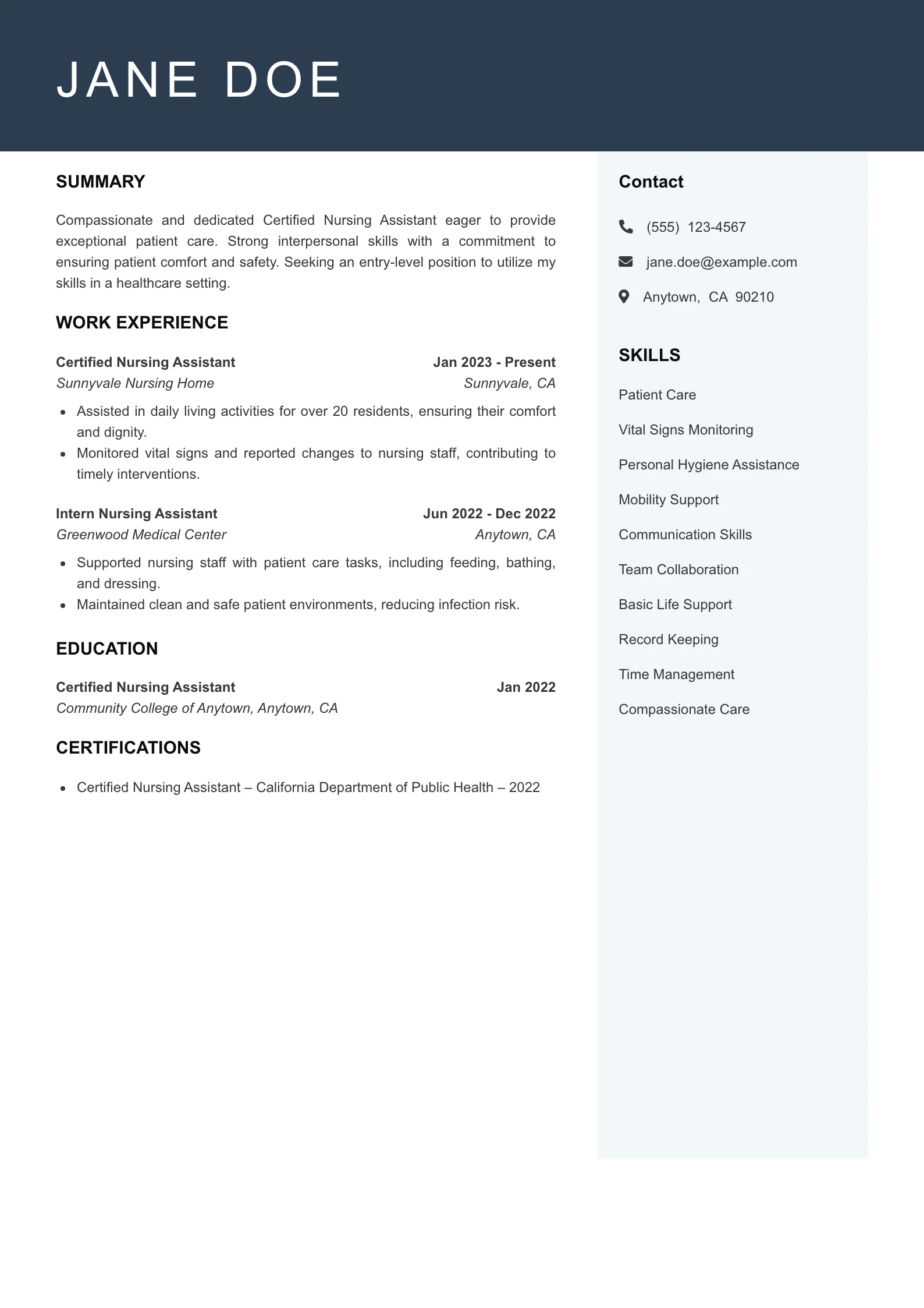 Entry Level Certified Nursing Assistant Resume Example