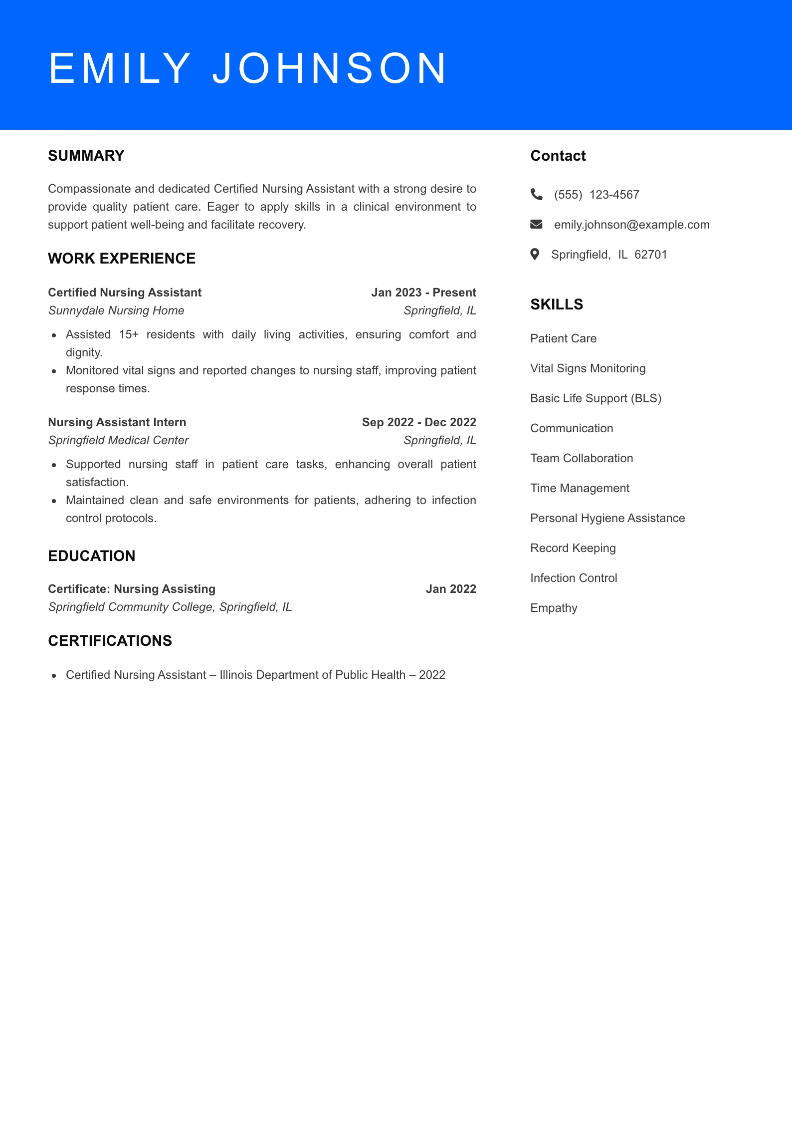 Selected Certified Nursing Assistant Resume