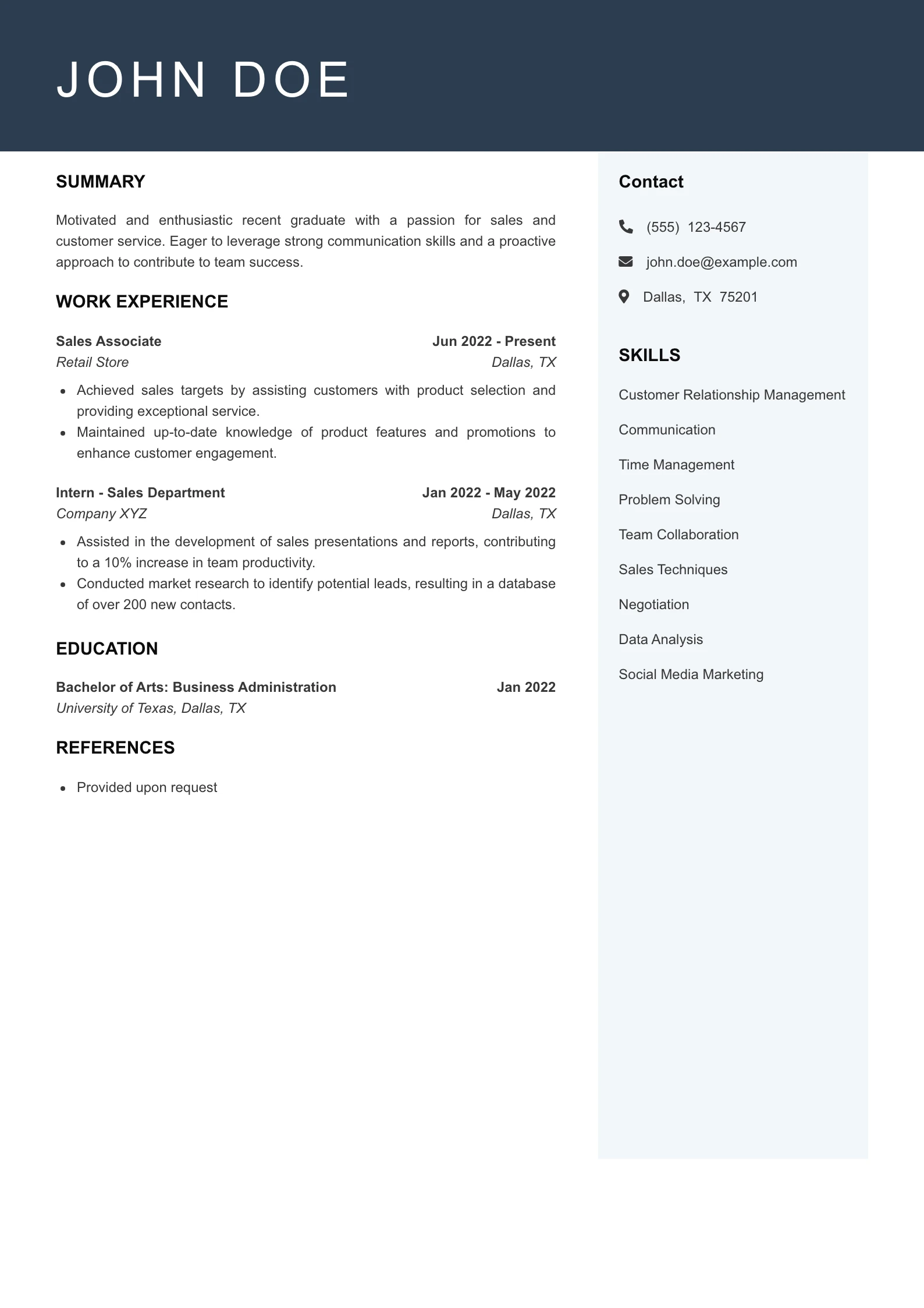 Entry Level Sales Resume Example