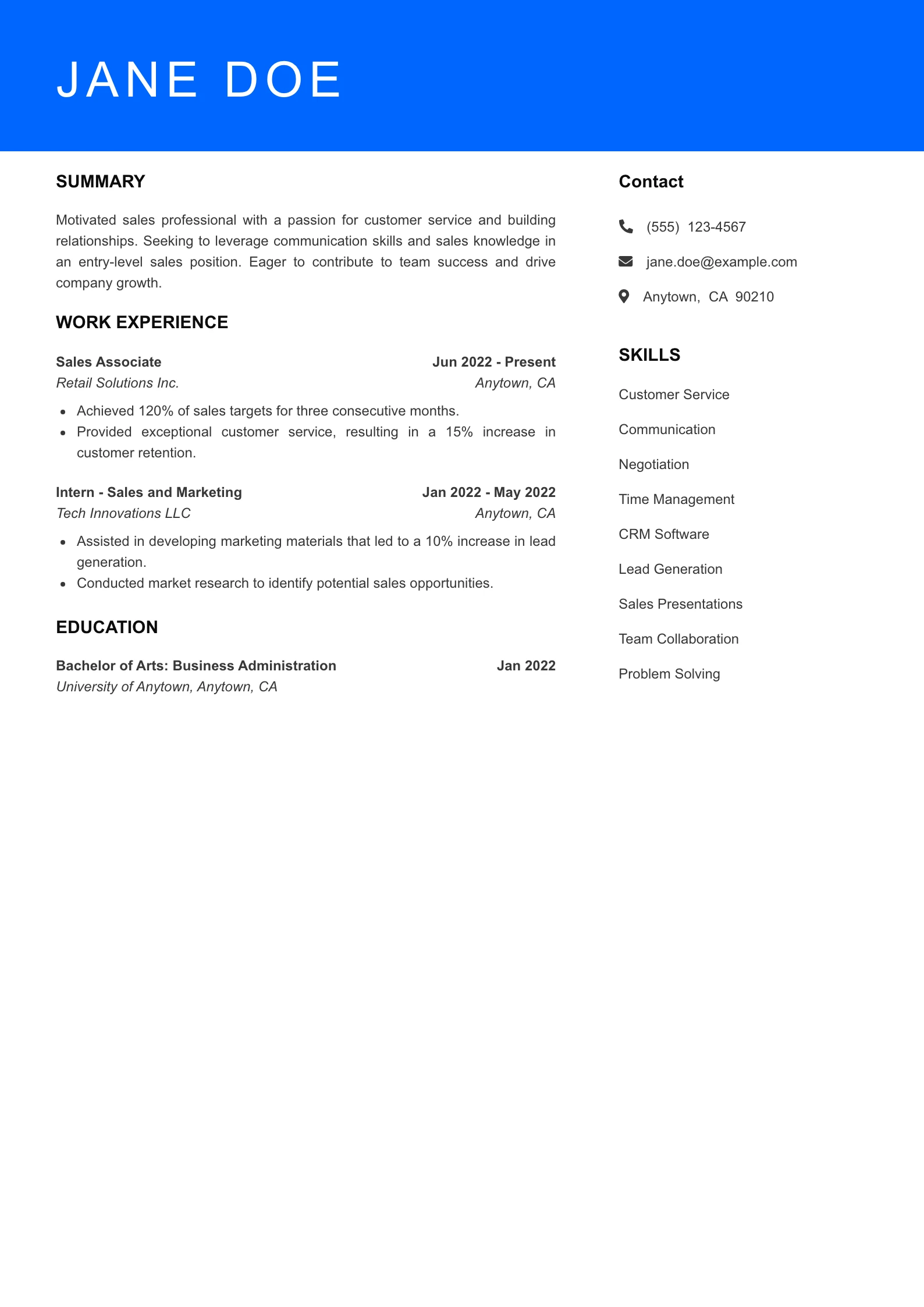 Selected Sales Resume