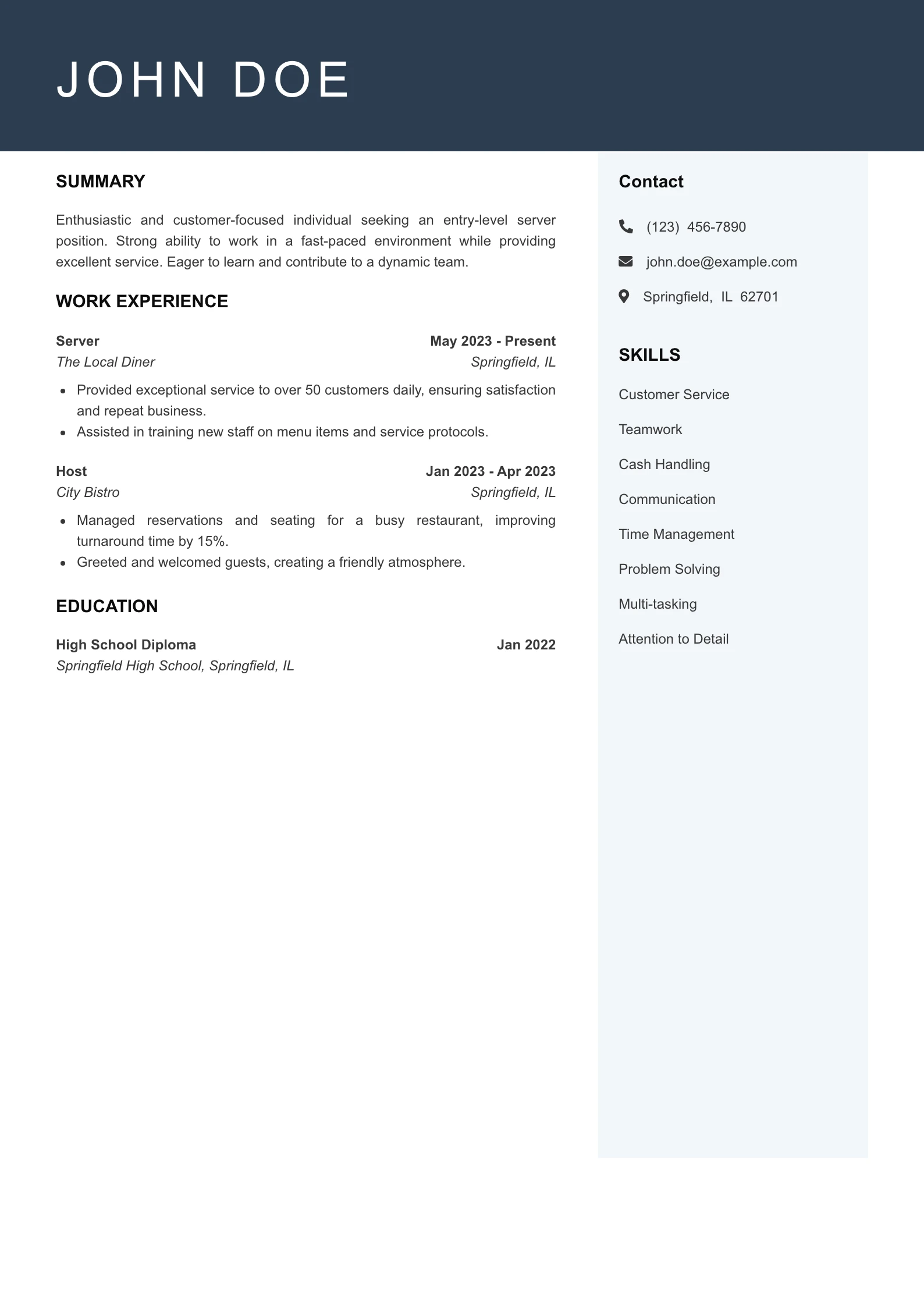 Entry Level Server Resume Example