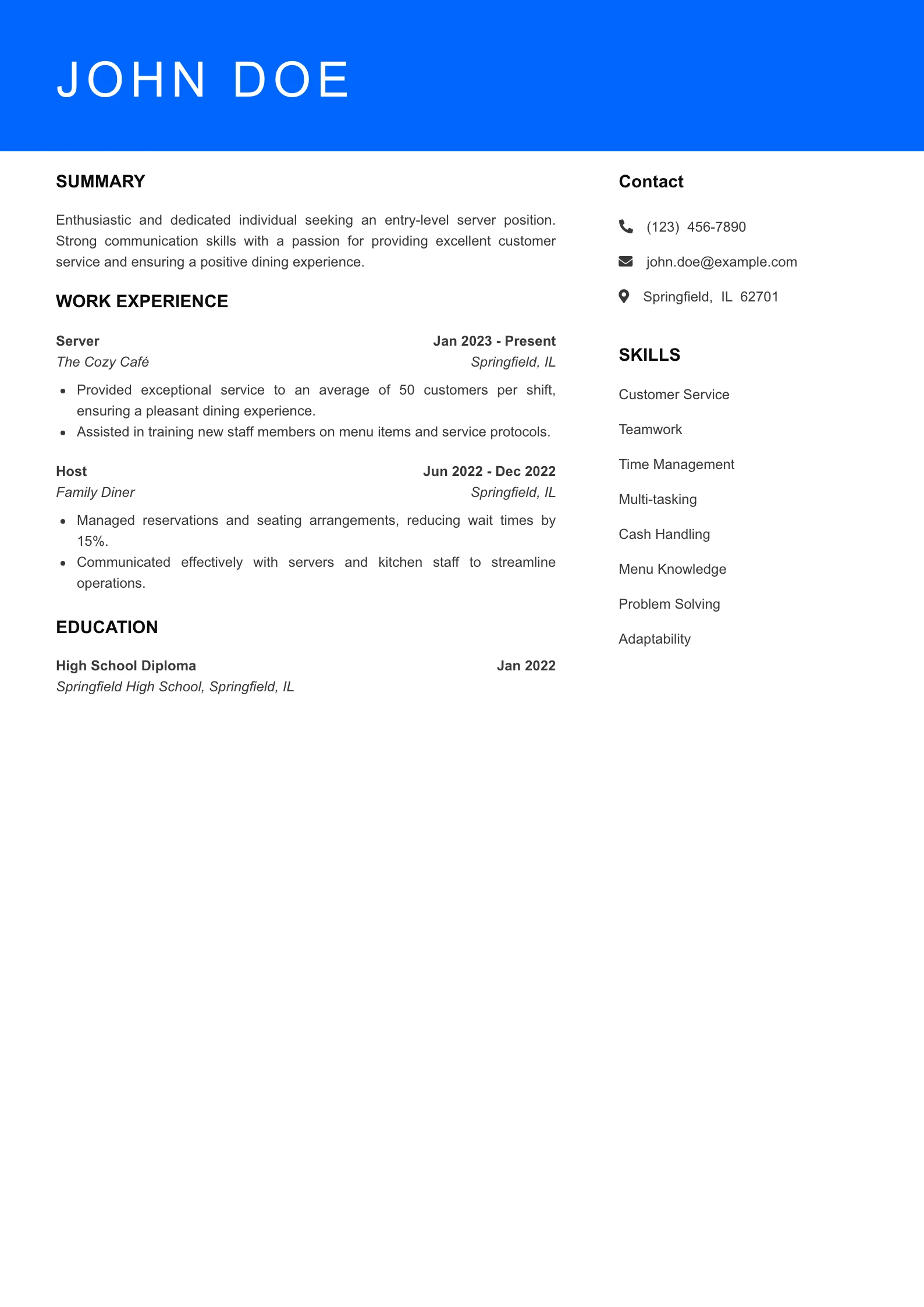 Selected Server Resume