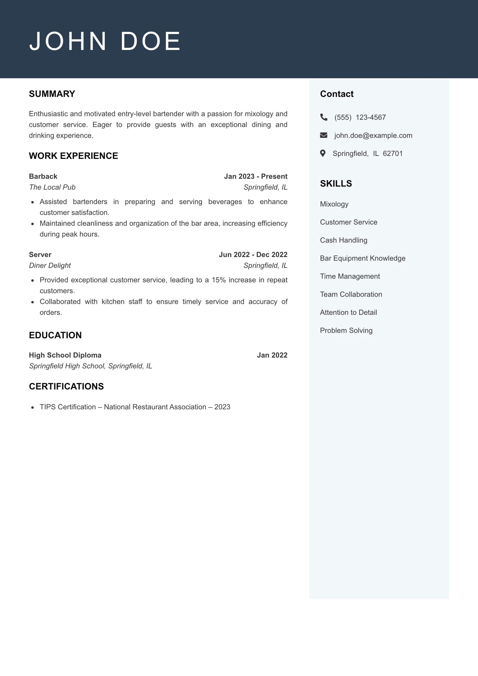 Entry Level Bartender Resume Example