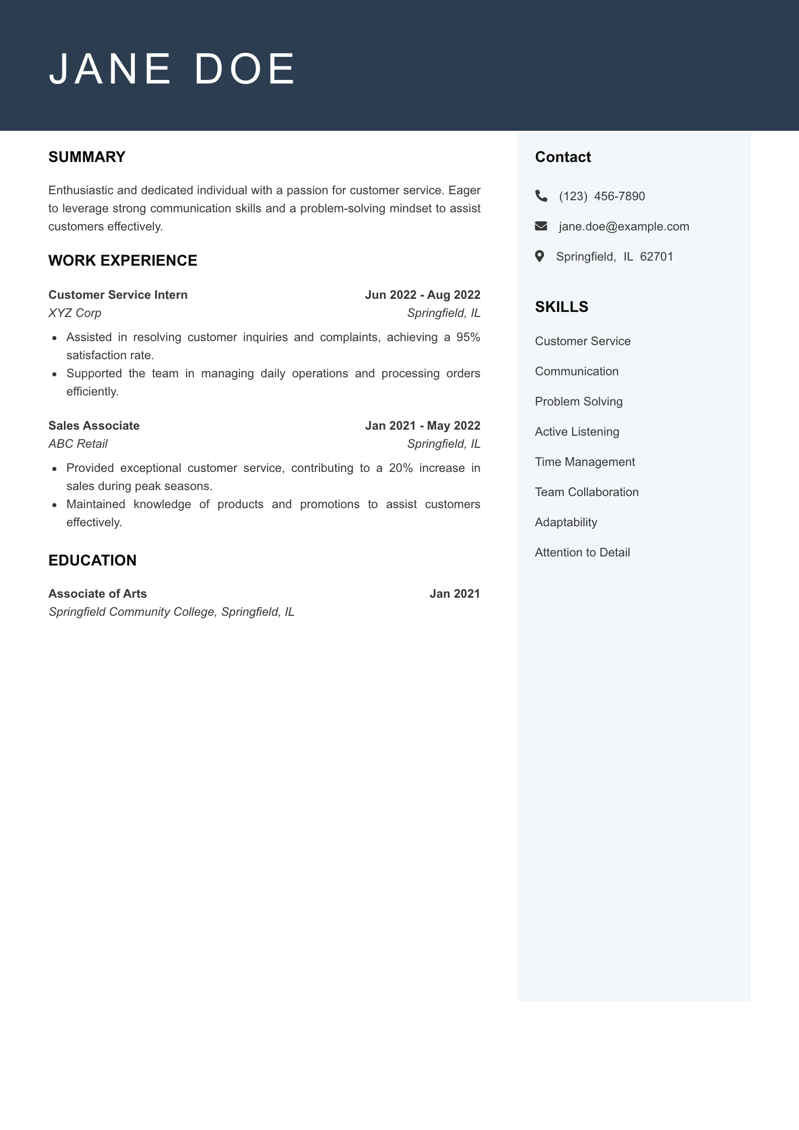 Entry Level Customer Service Representative Resume Example