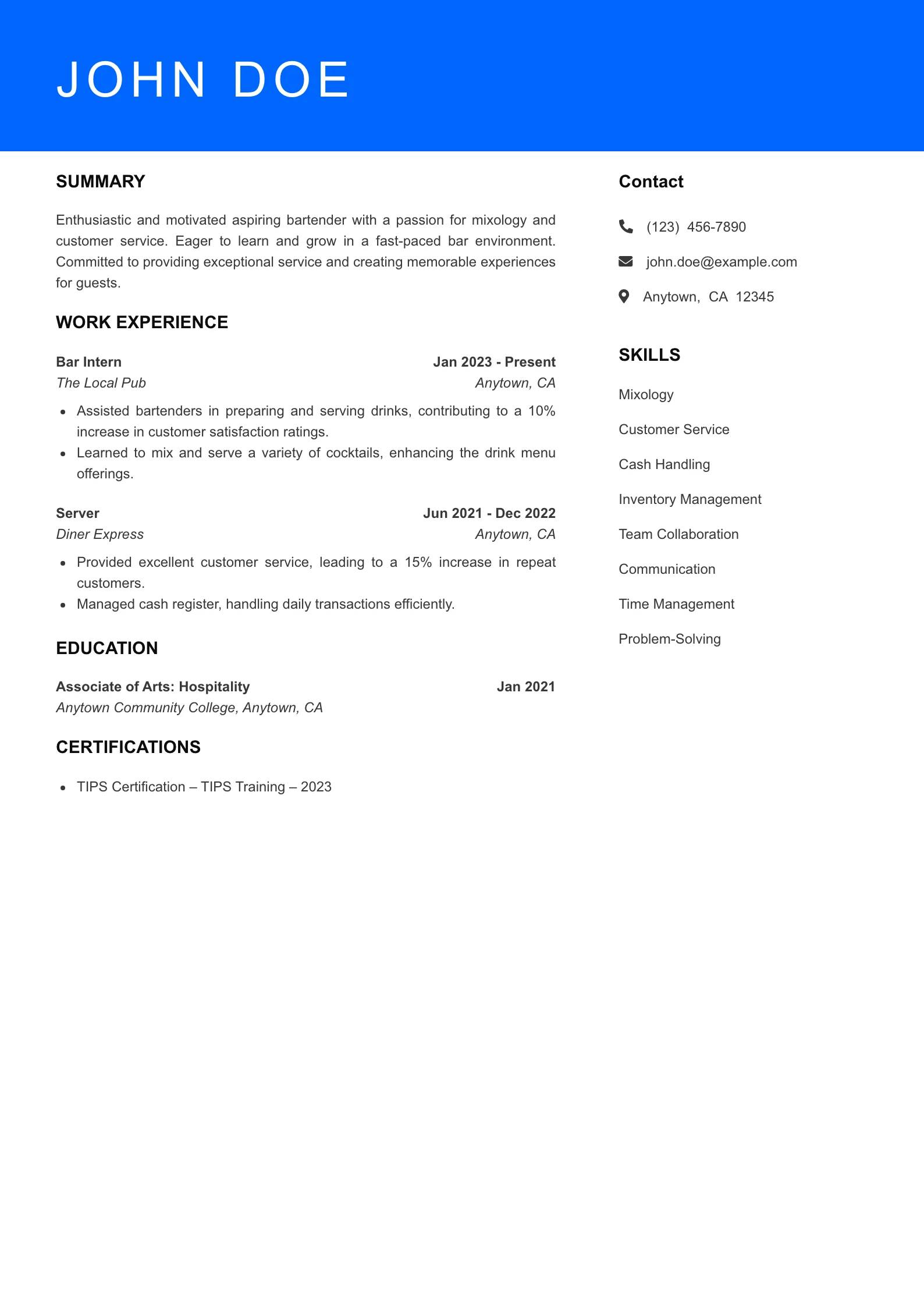 Selected Bartender Resume