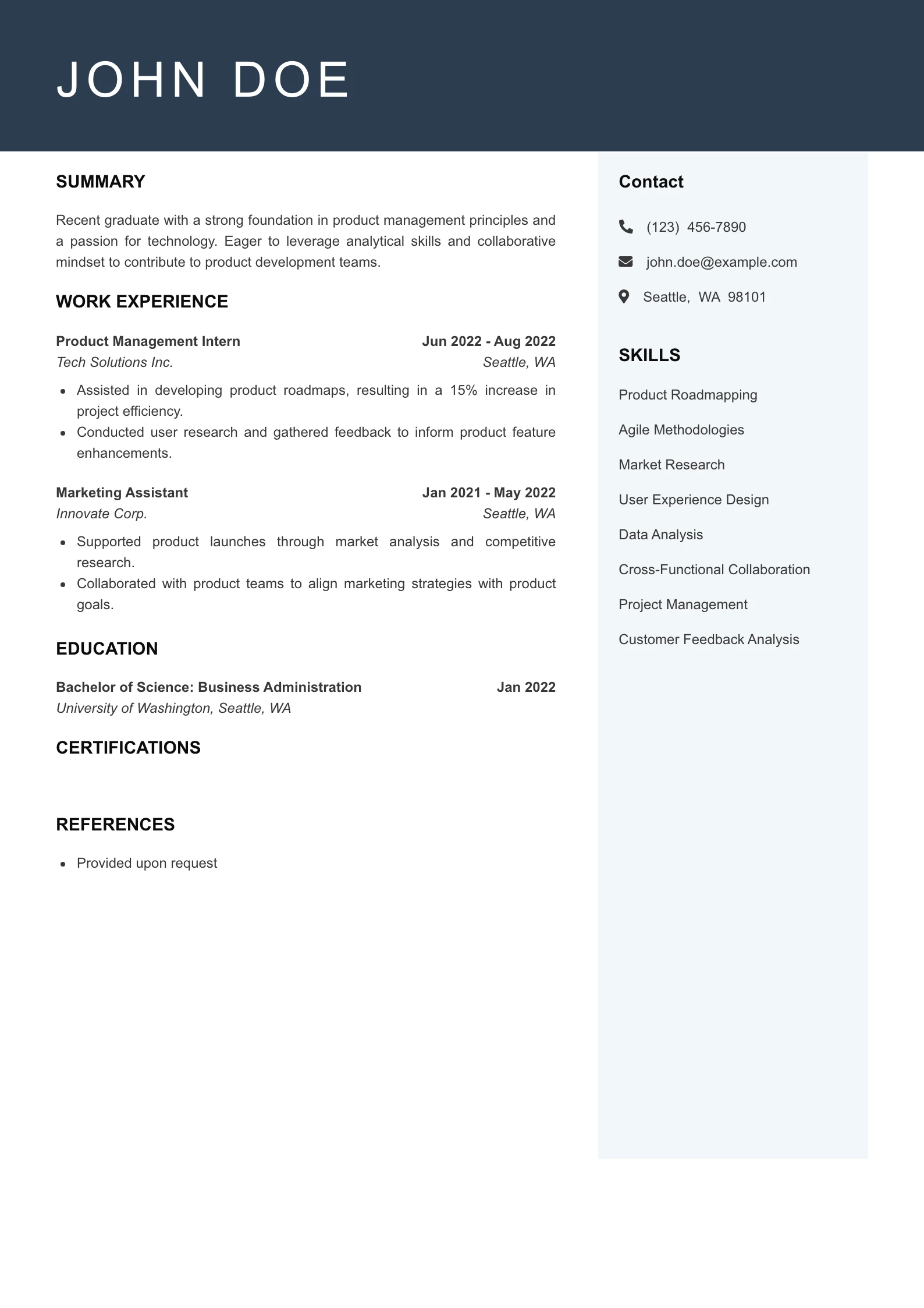 Entry Level Product Manager Resume Example