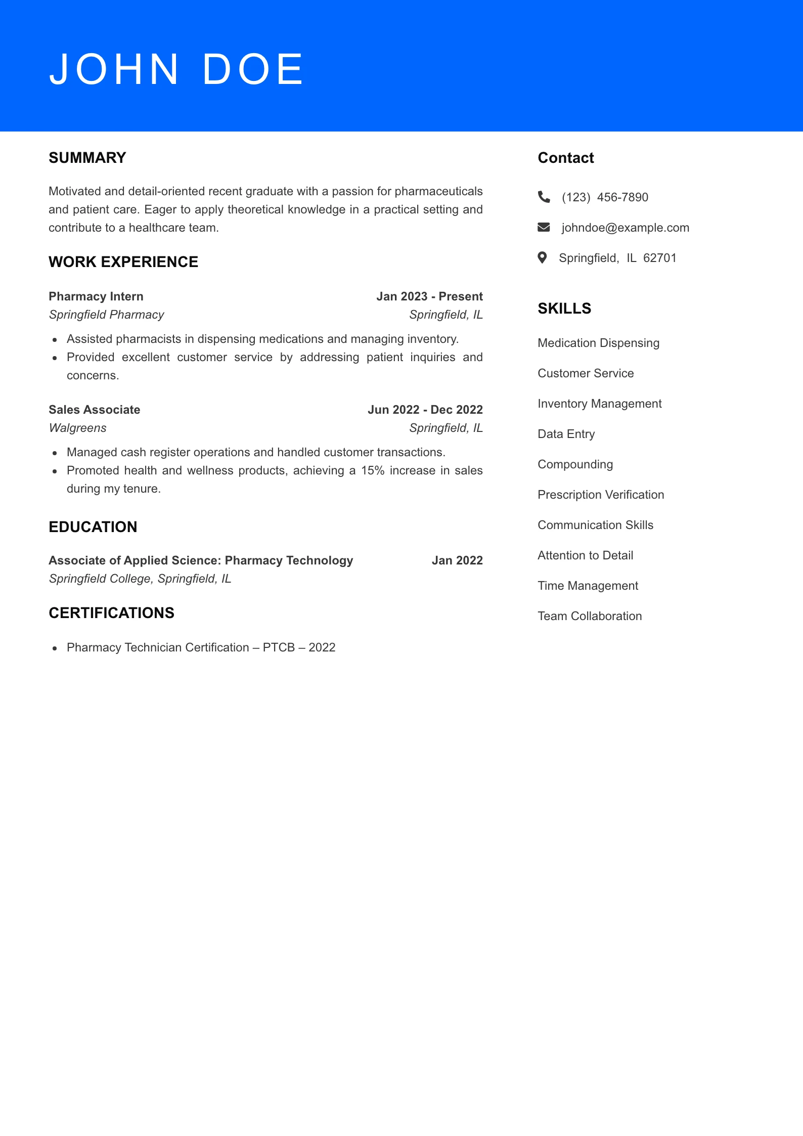 Selected Pharmacy Technician Resume