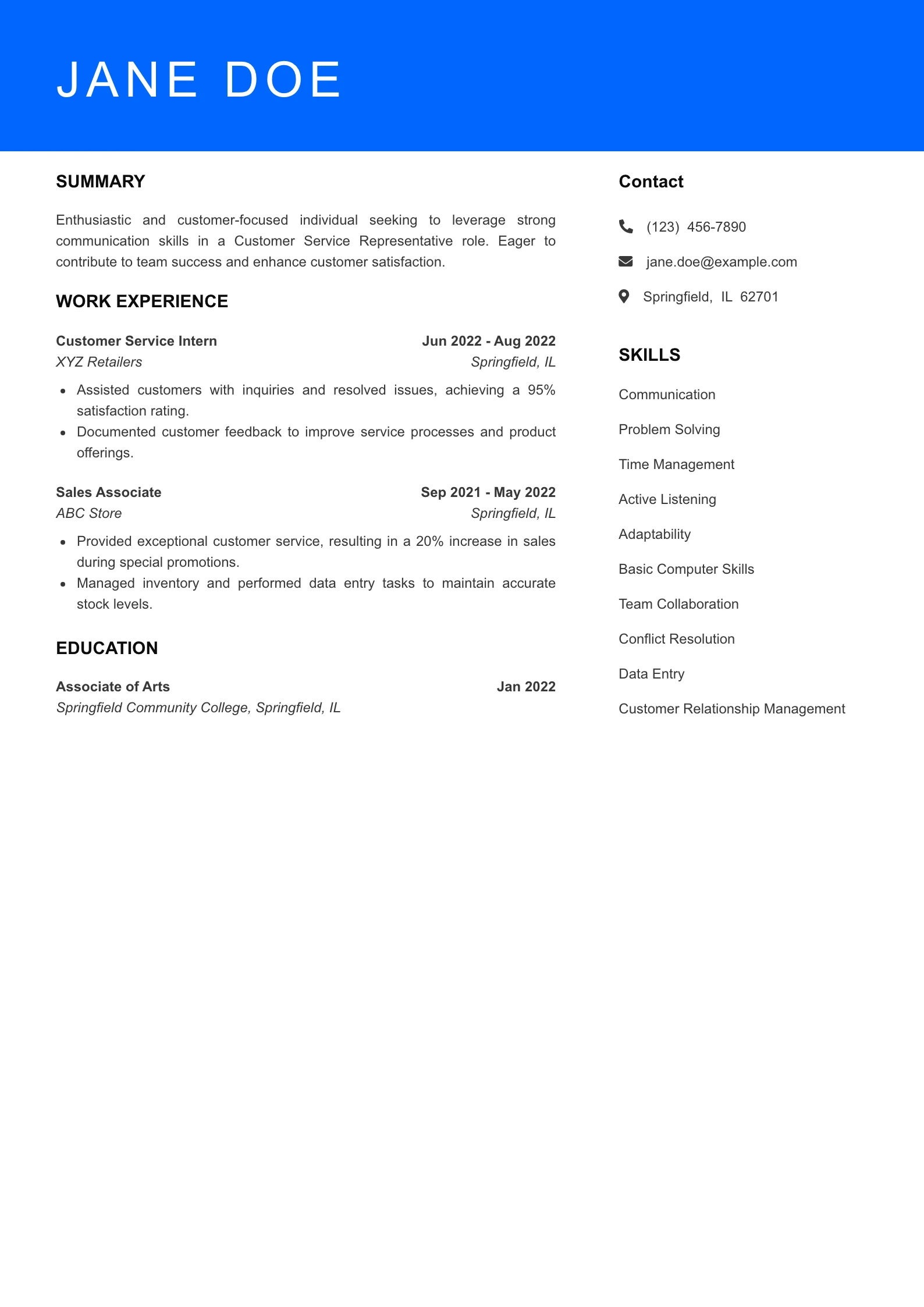 Selected Customer Service Representative Resume