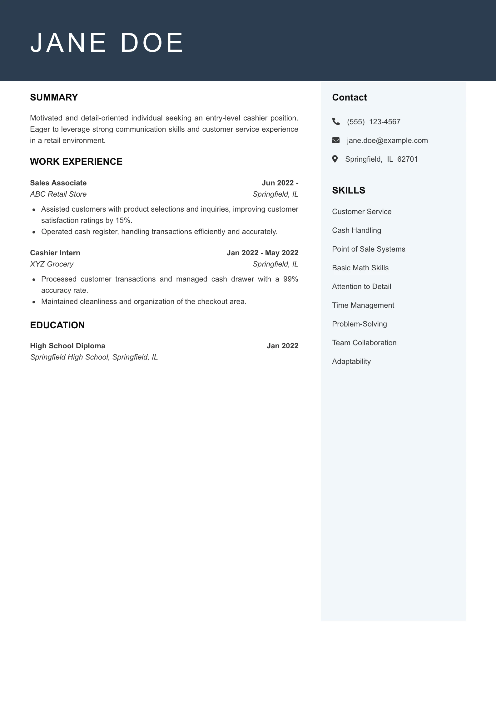 Entry Level Cashier Resume Example