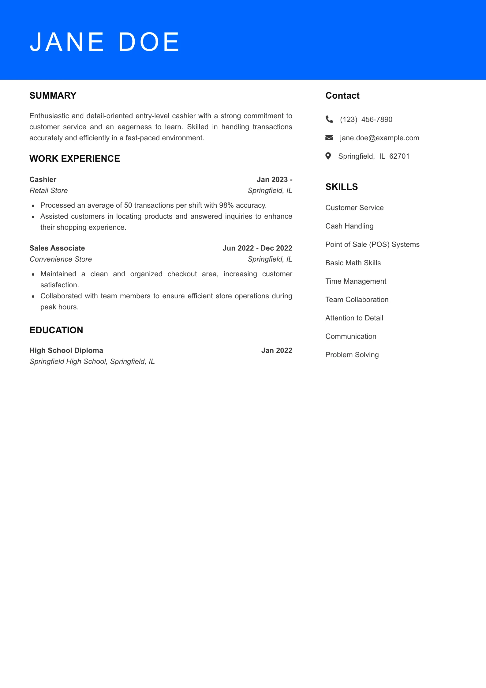 Selected Cashier Resume