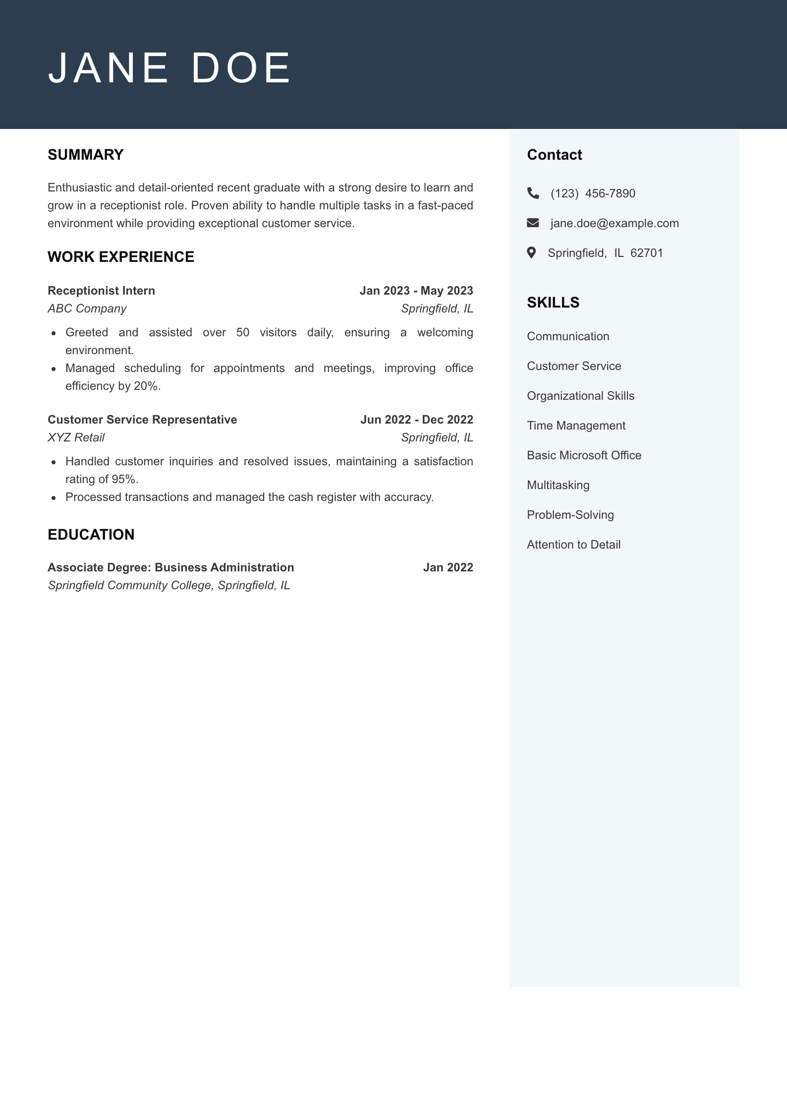 Entry Level Receptionist Resume Example