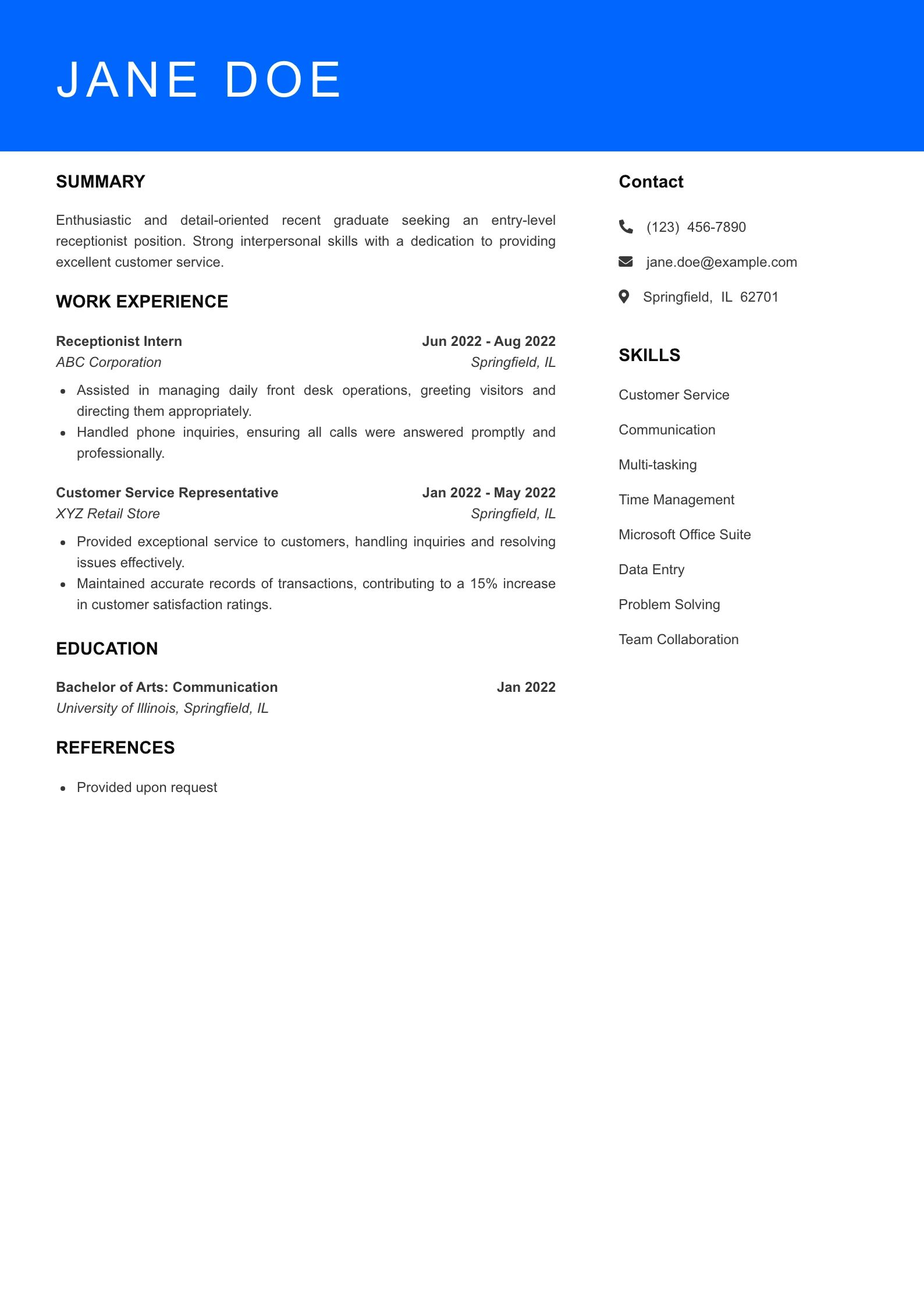 Selected Receptionist Resume
