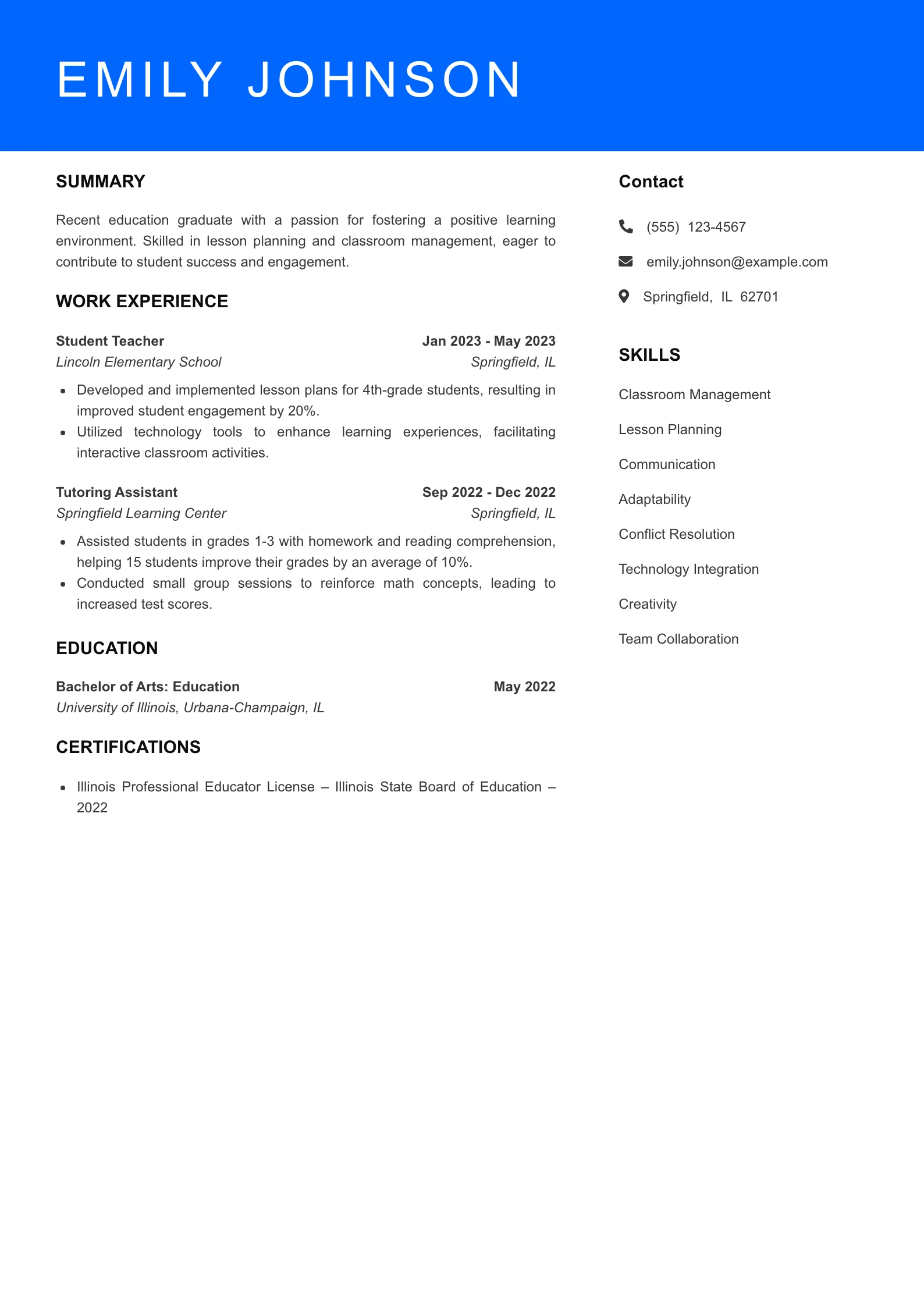 Selected Teacher Resume