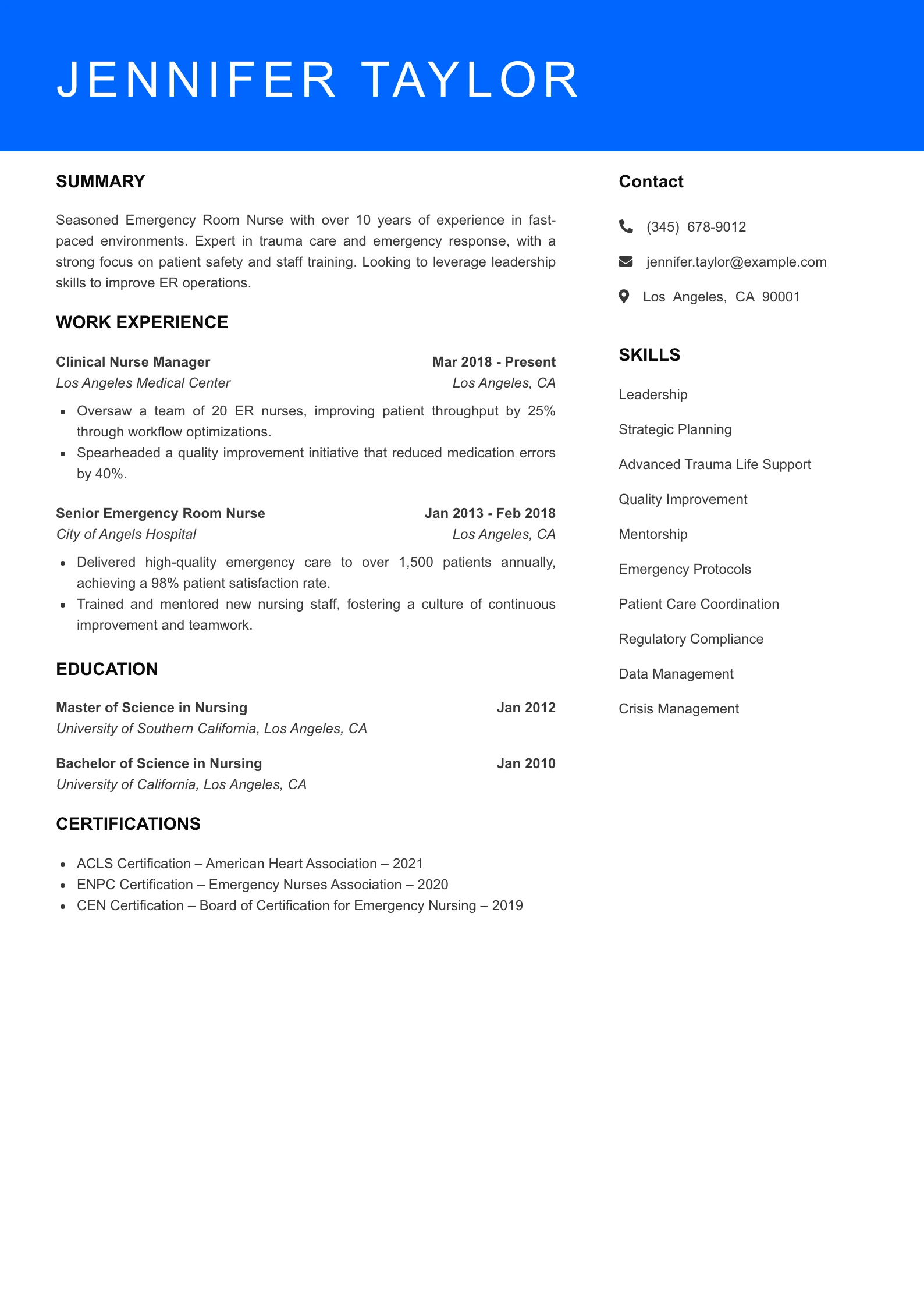 Senior Level ER Nurse Resume Sample