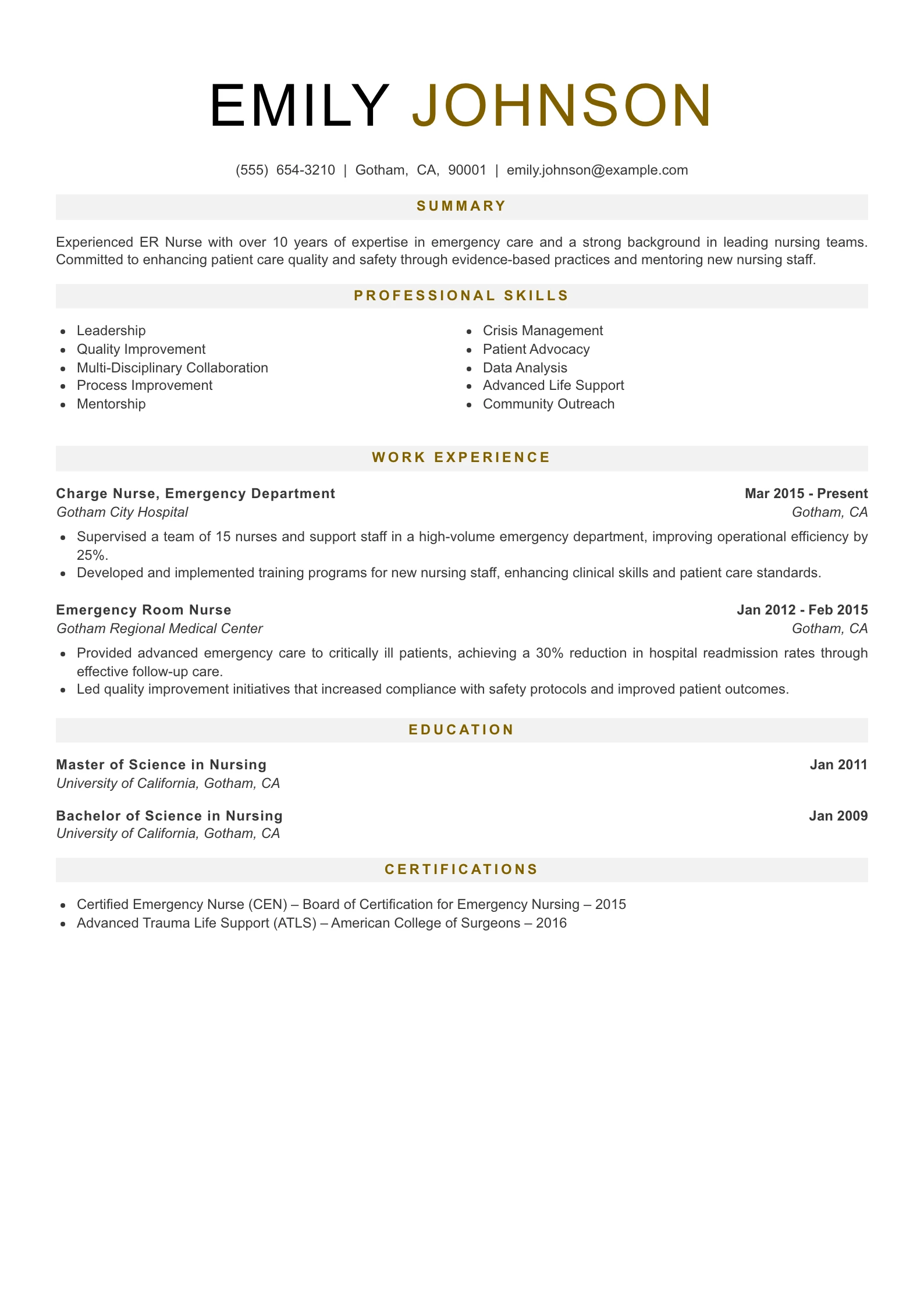 Senior Level ER Nurse Resume Example