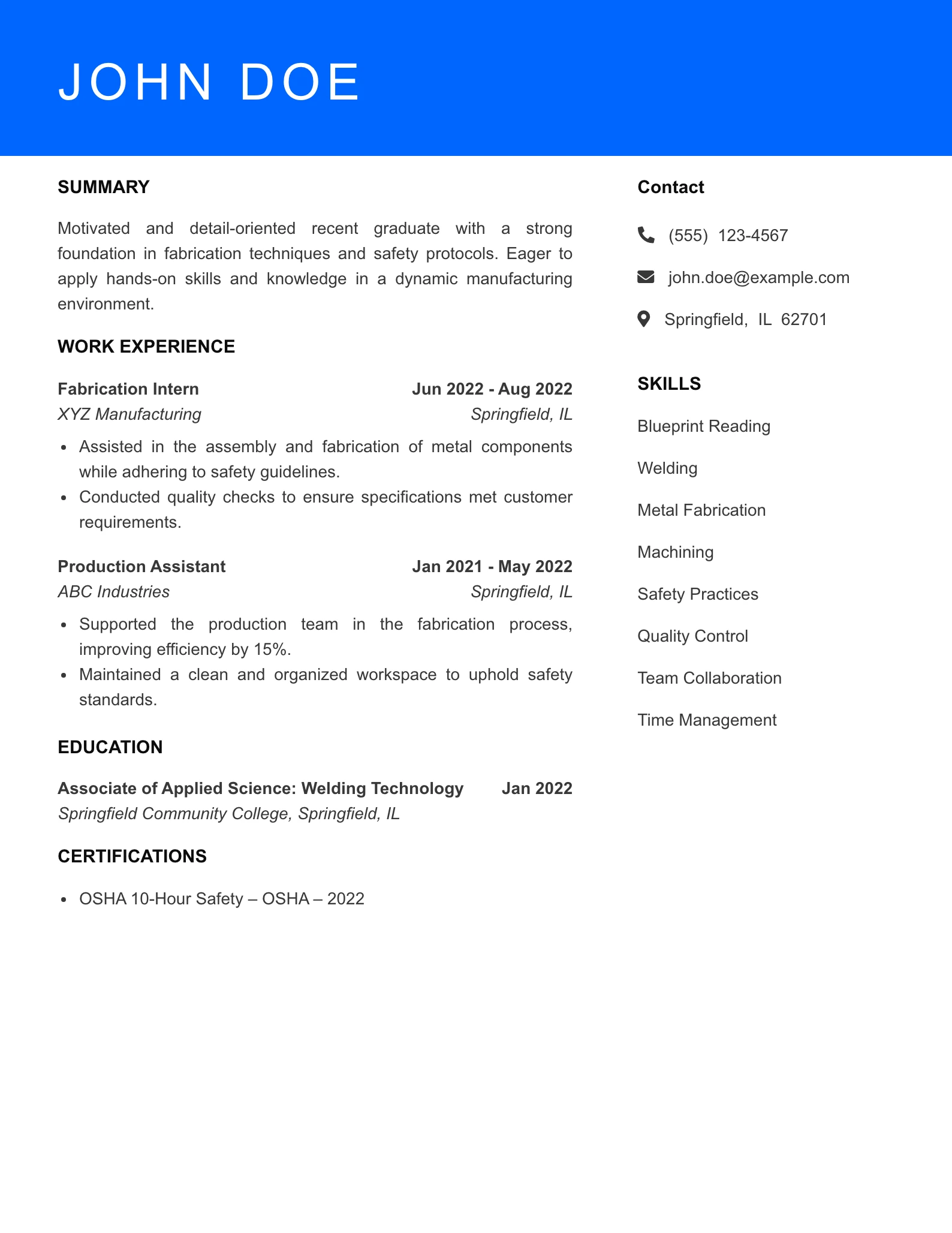 Selected Fabricator Resume