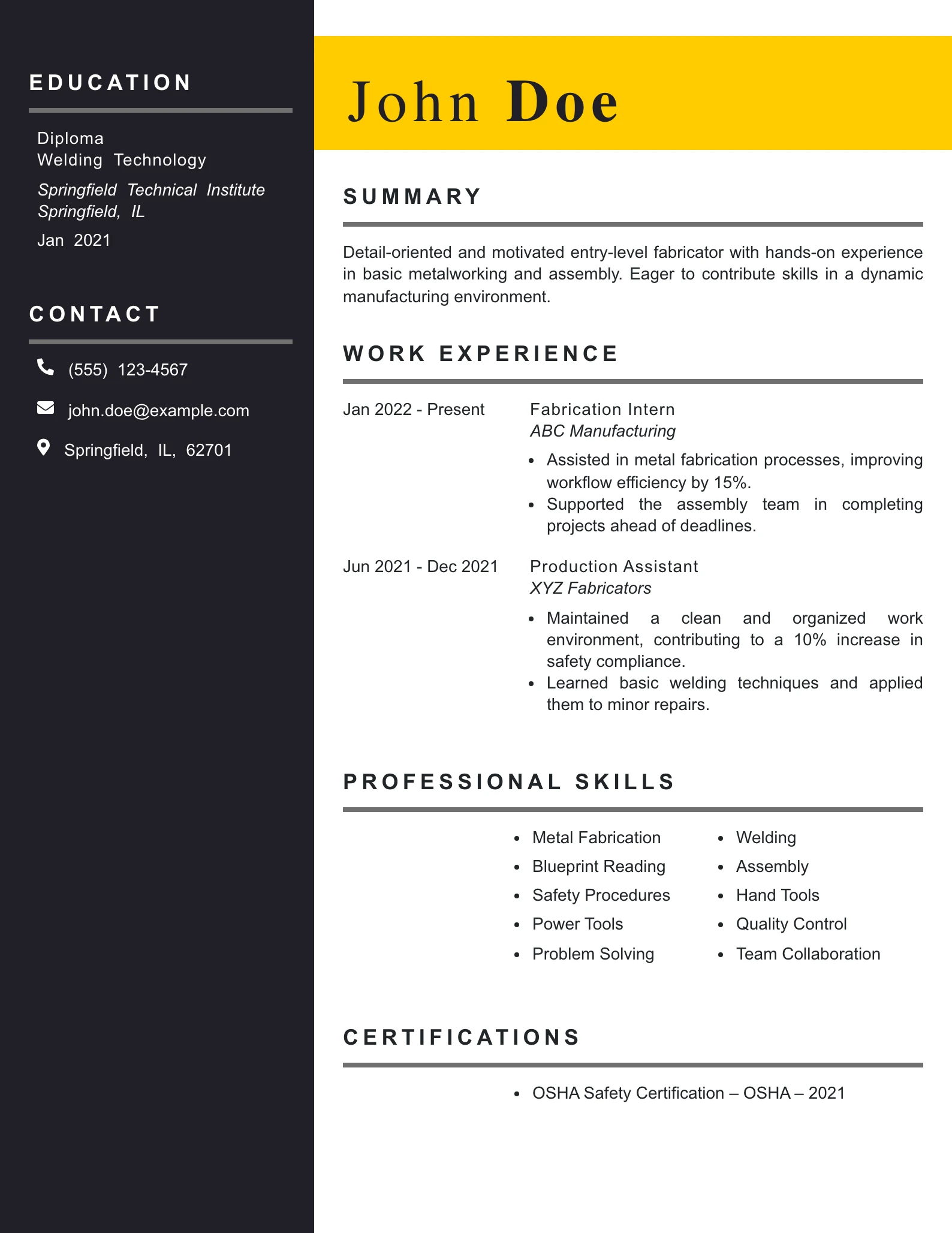 Entry Level Fabricator Resume Example