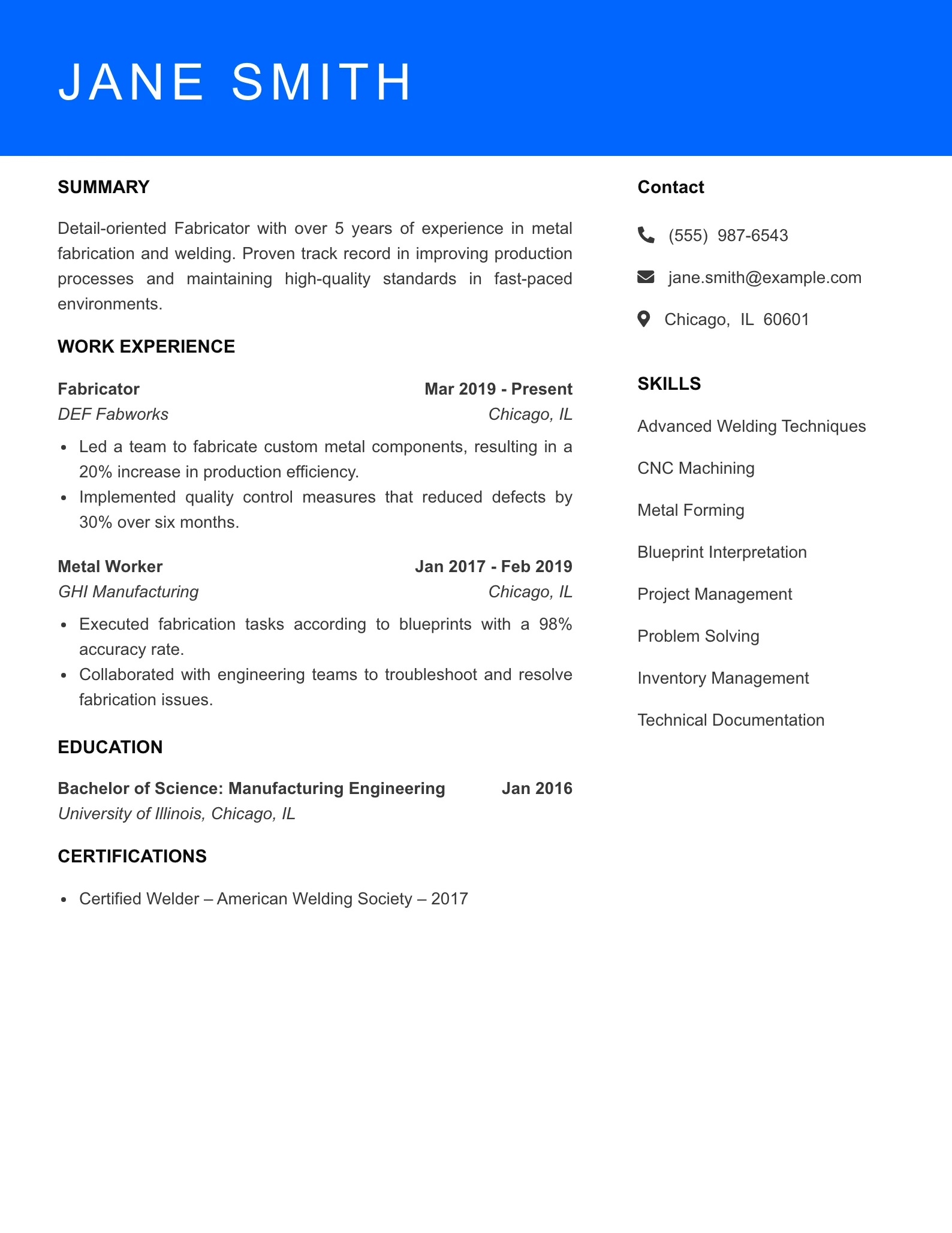 Mid Level Fabricator Resume Sample