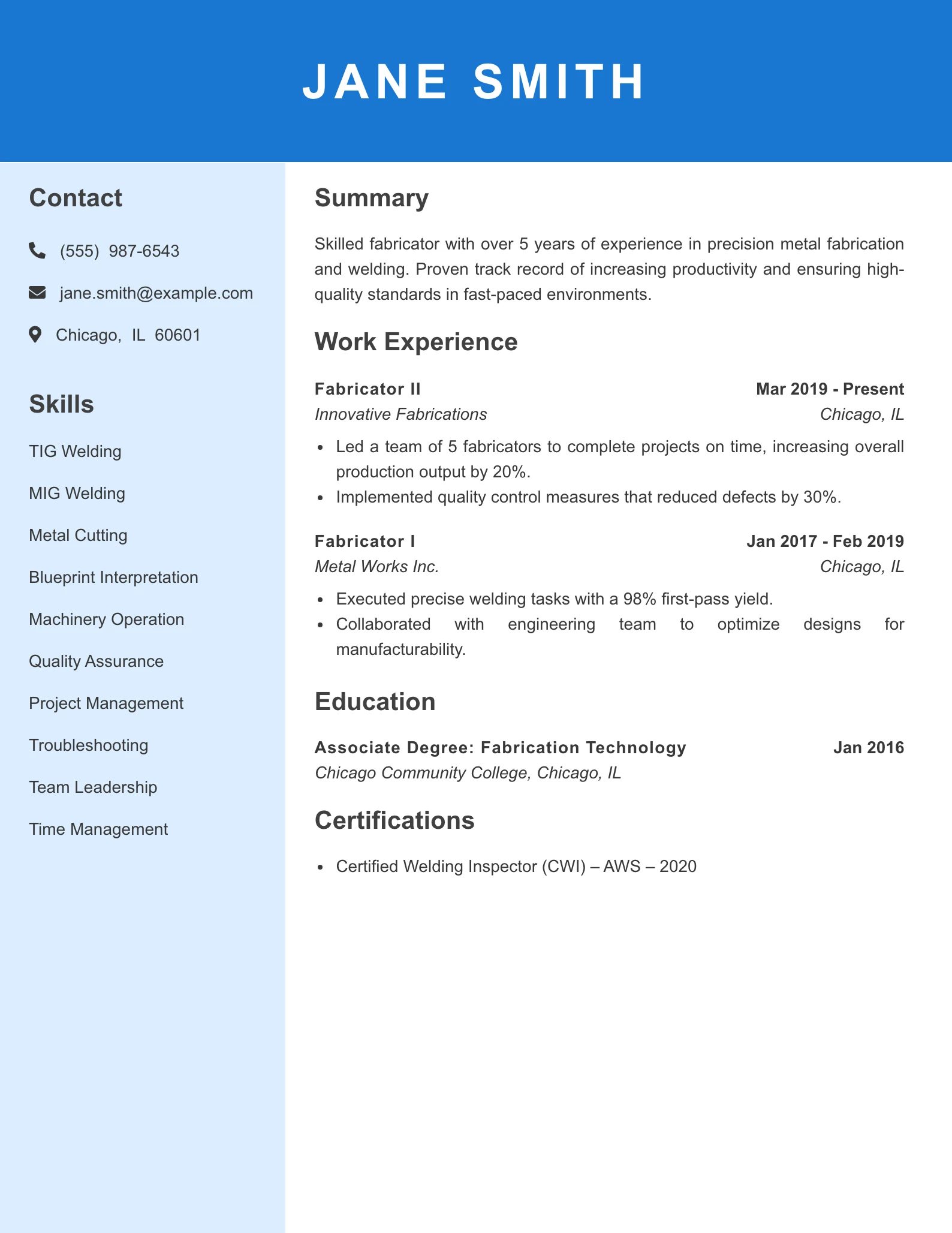 Mid Level Fabricator Resume Example