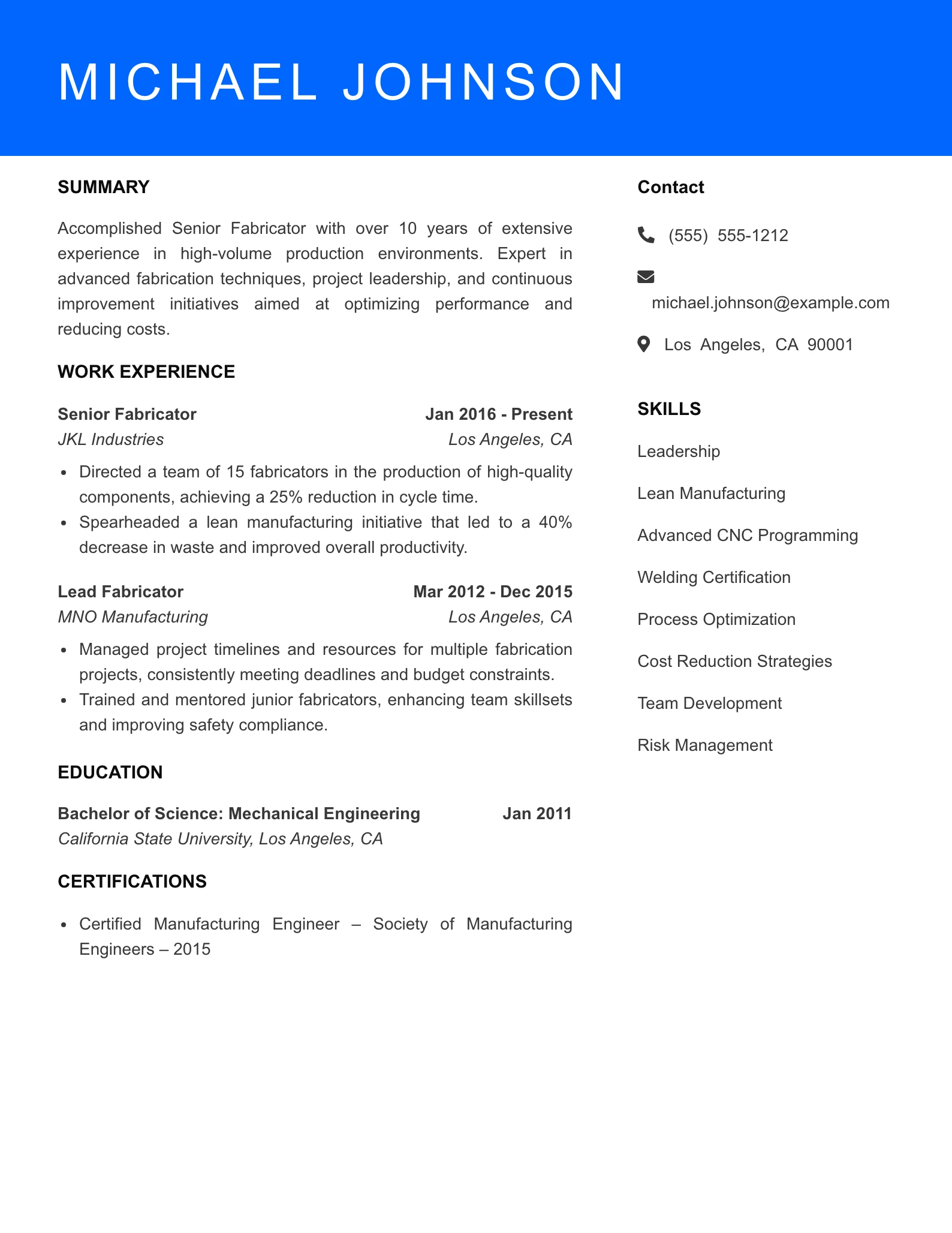 Senior Level Fabricator Resume Sample