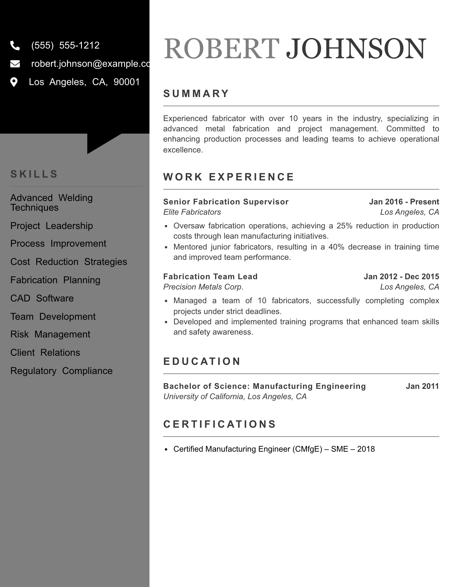 Senior Level Fabricator Resume Example