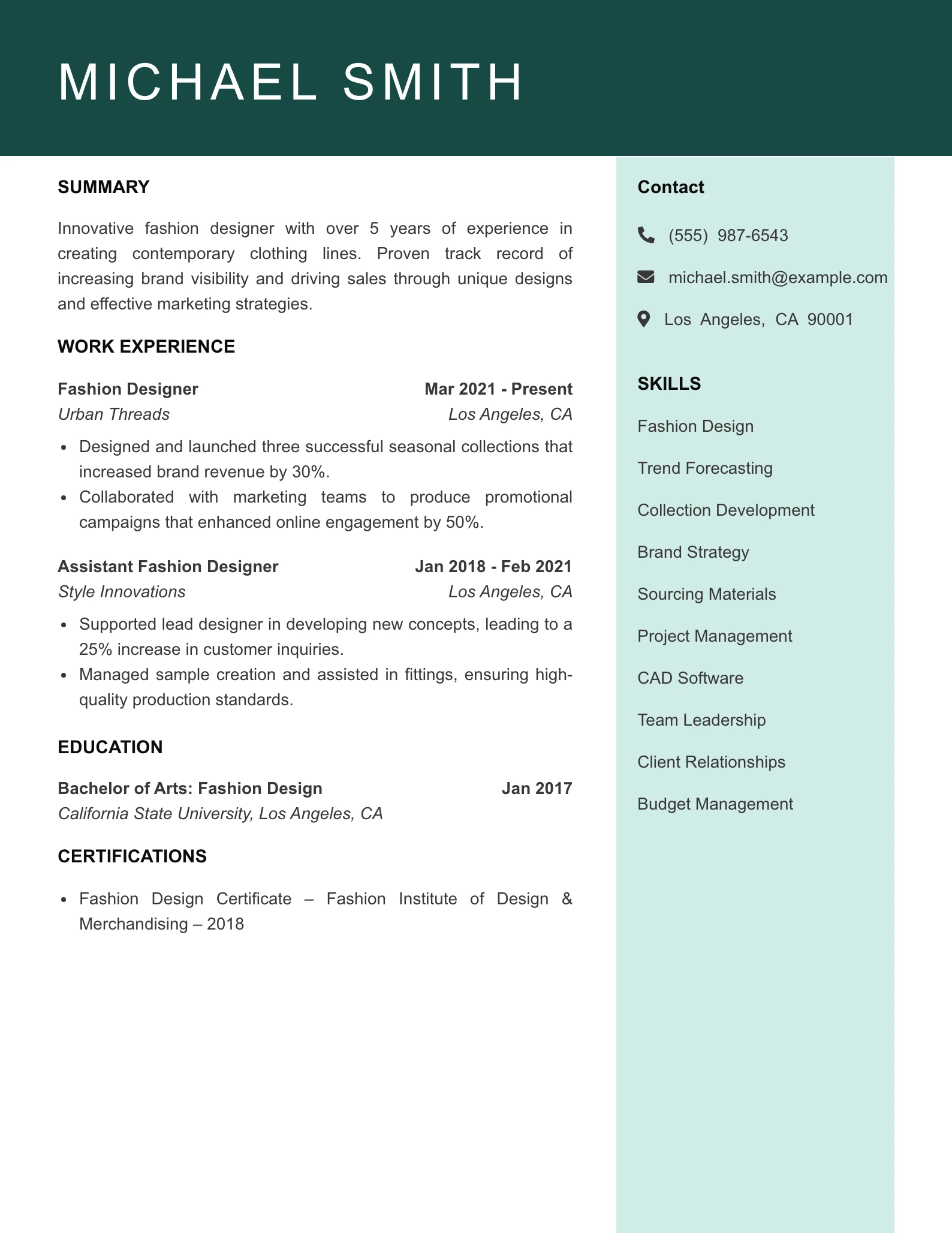 Mid Level Fashion Designer Resume Example