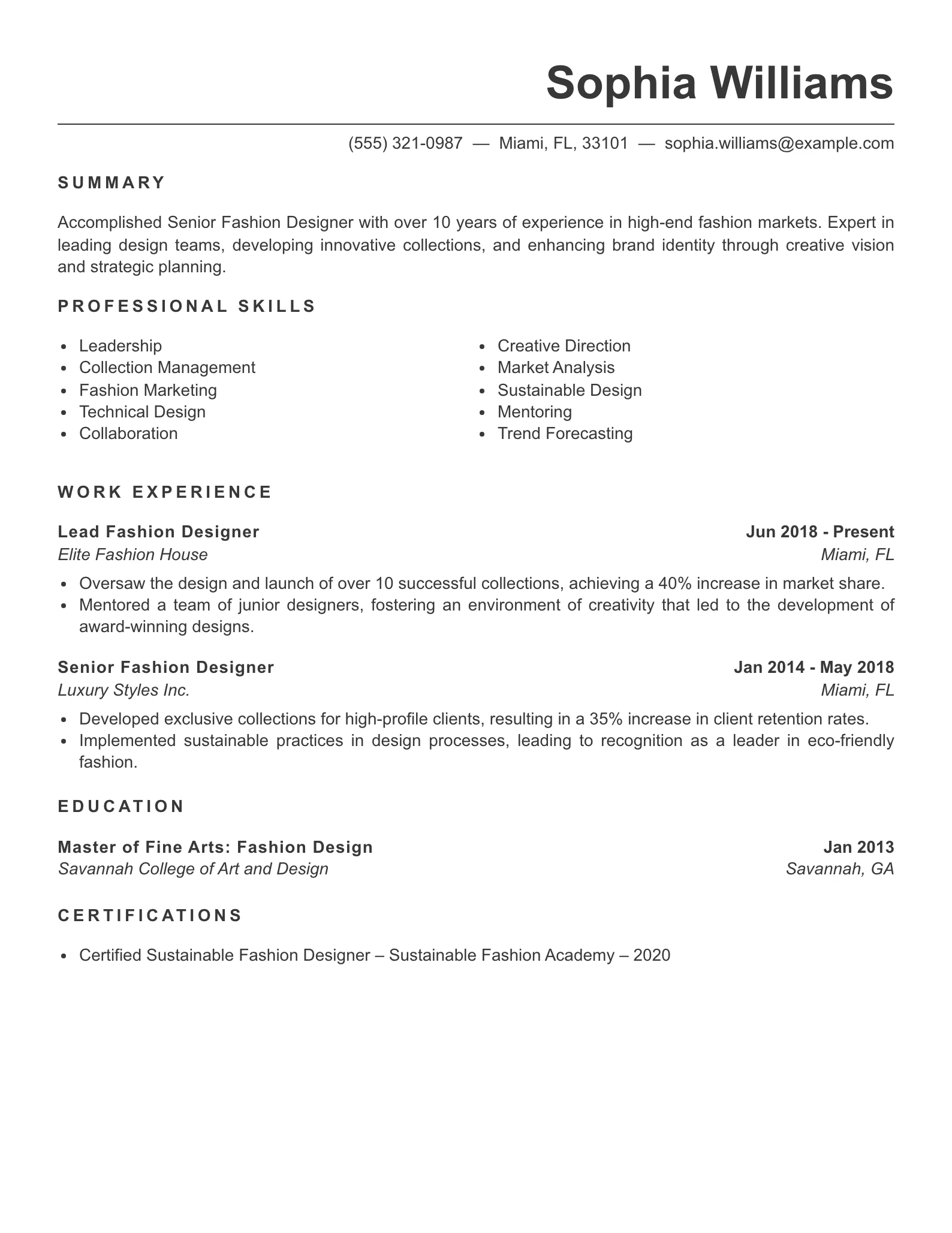 Senior Level Fashion Designer Resume Example