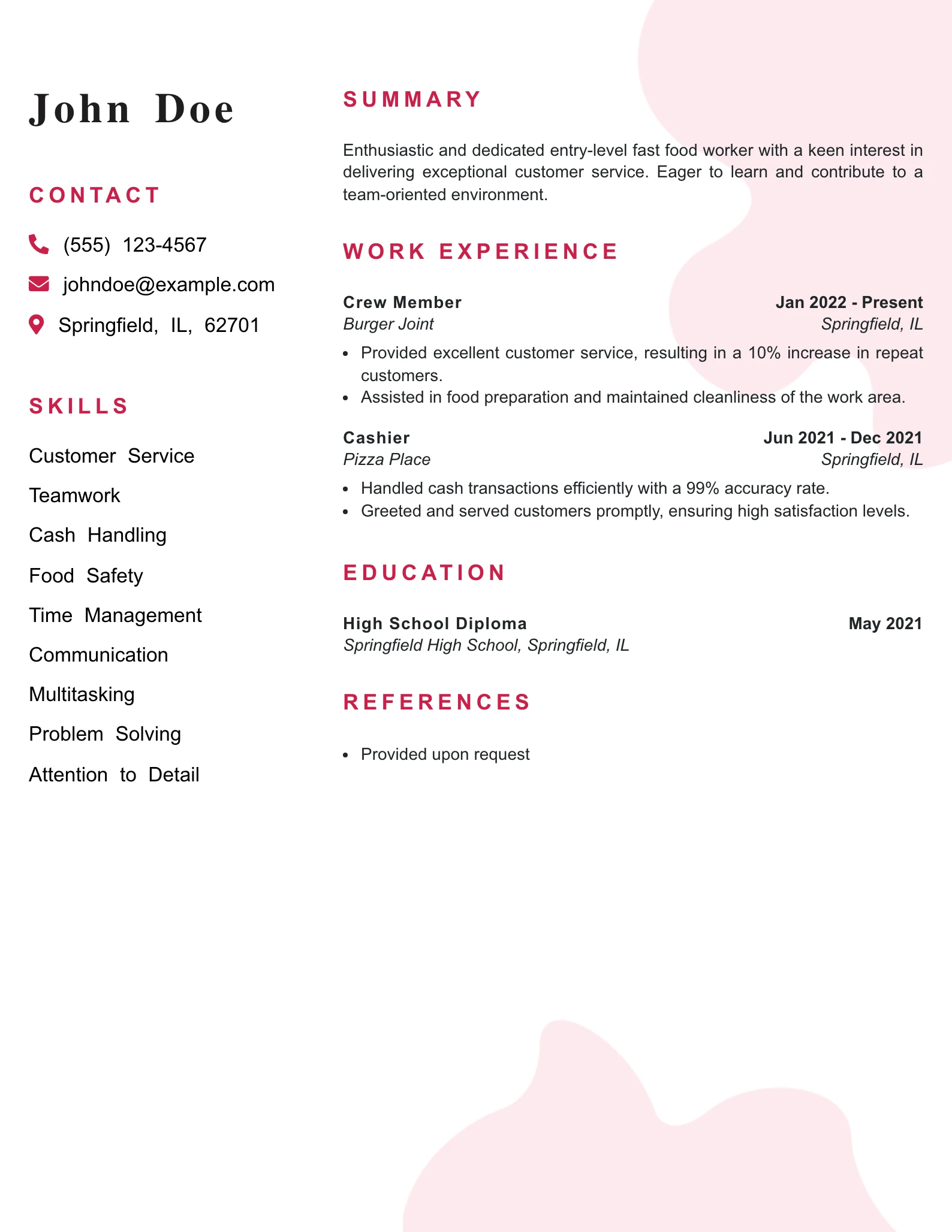 Entry Level Fast Food Worker Resume Example