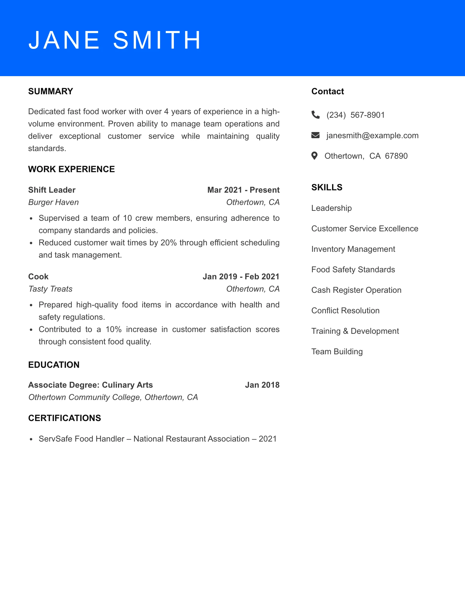 Mid Level Fast Food Worker Resume Sample