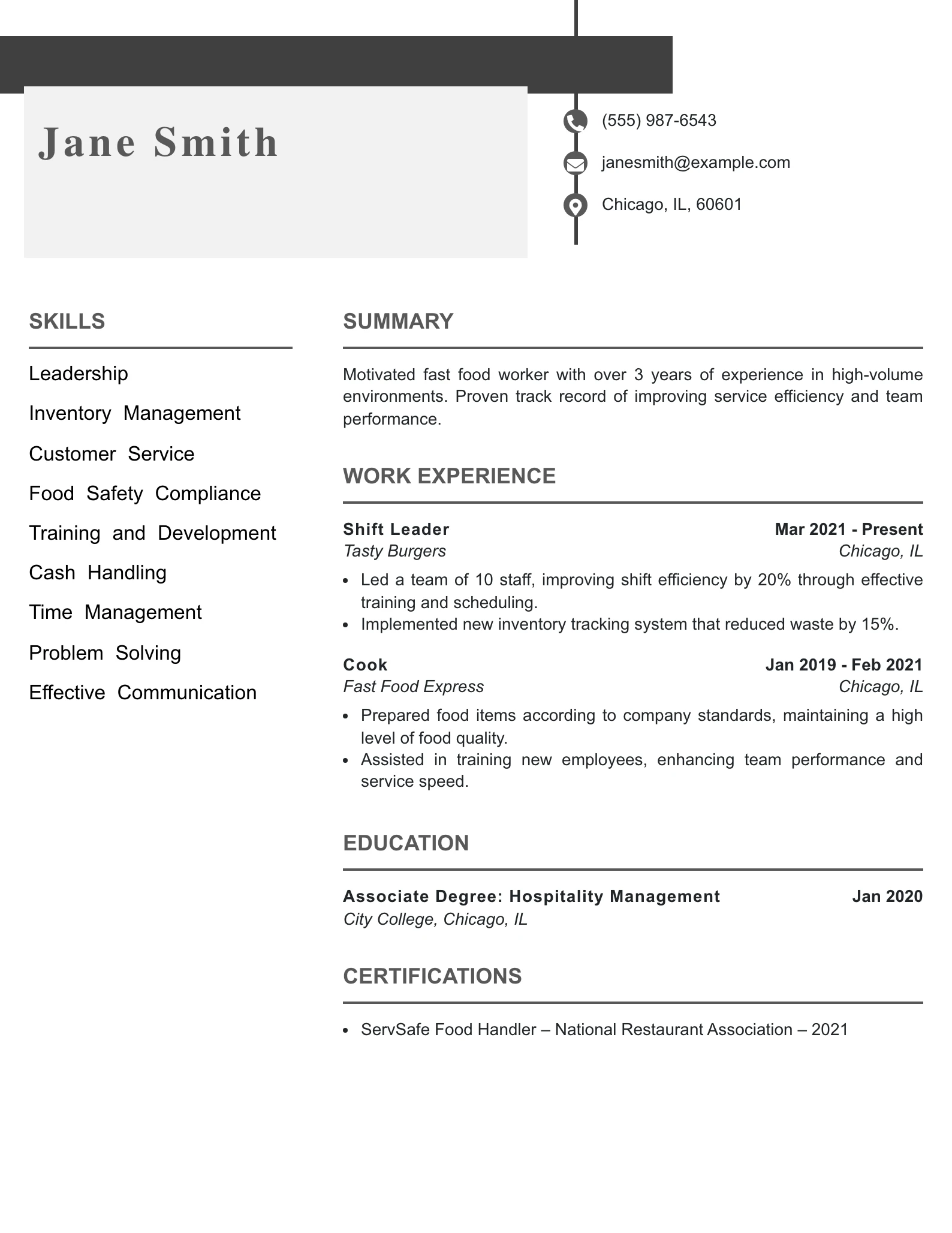 Mid Level Fast Food Worker Resume Example