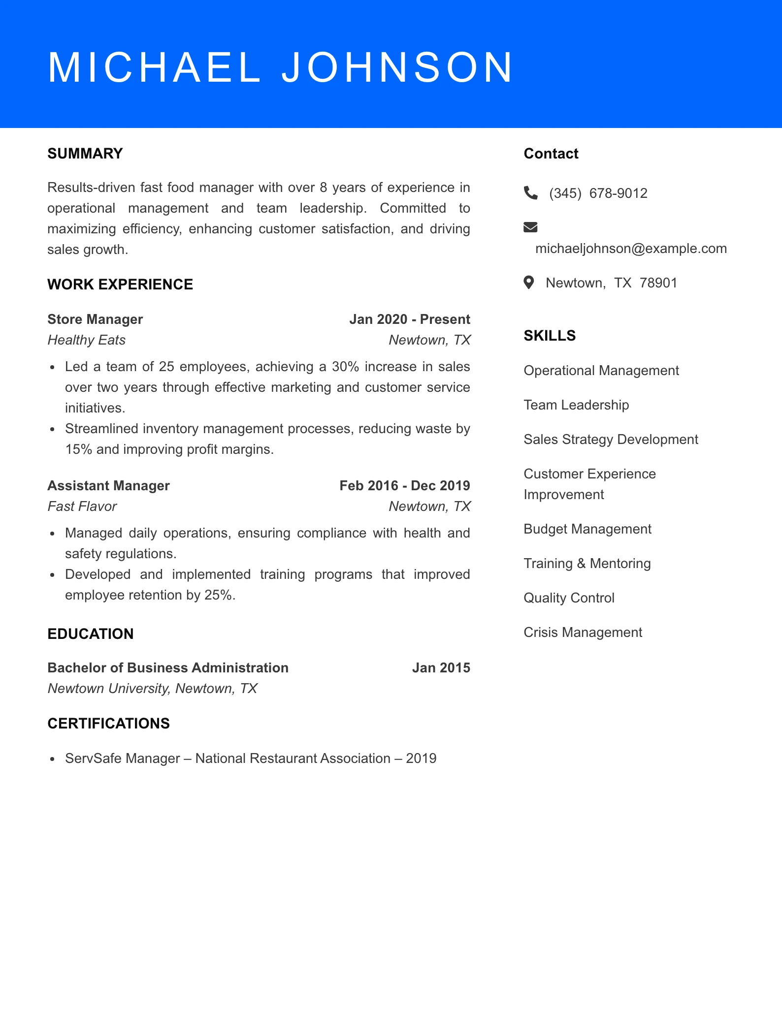 Senior Level Fast Food Worker Resume Sample
