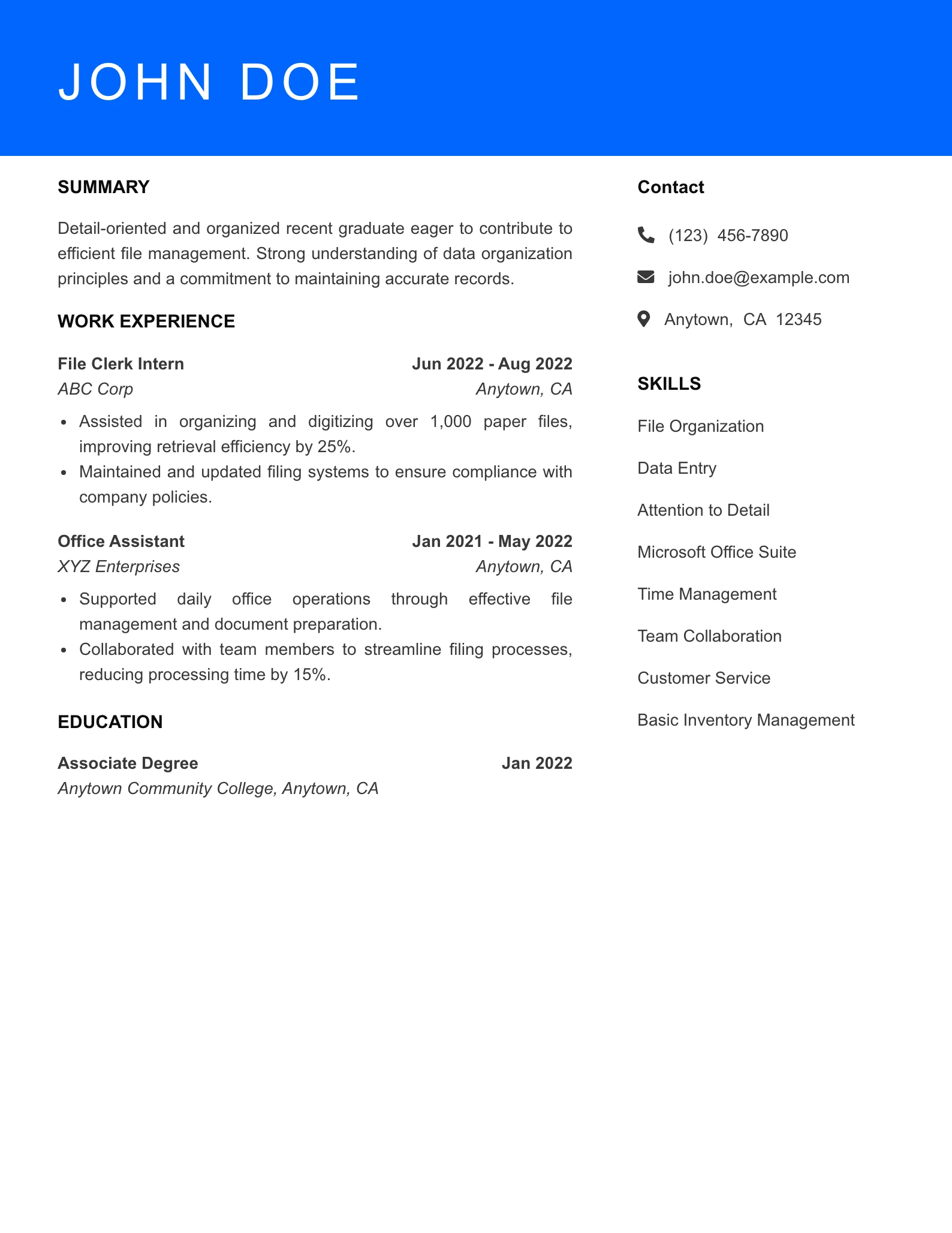 Selected File Room Clerk Resume