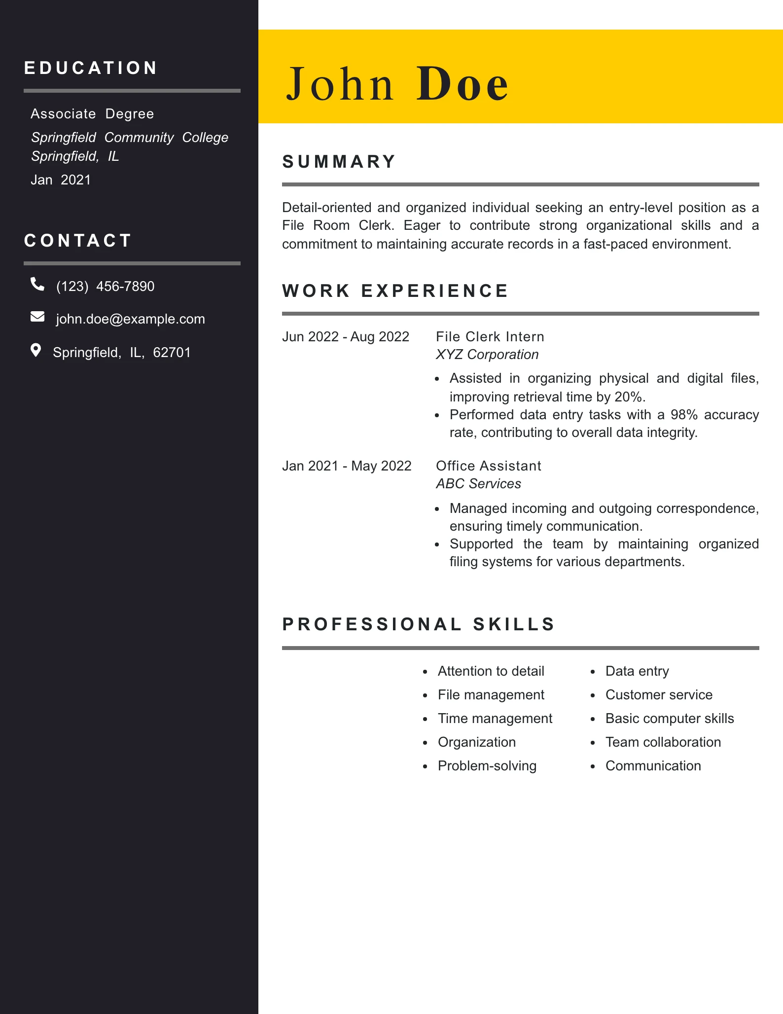 Entry Level File Room Clerk Resume Example